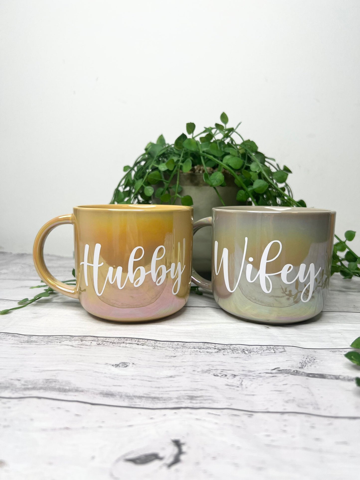 Hubby and wifey  440ml mugs coffee cups set couple gift set Mustard Chrome and Beige Chrome