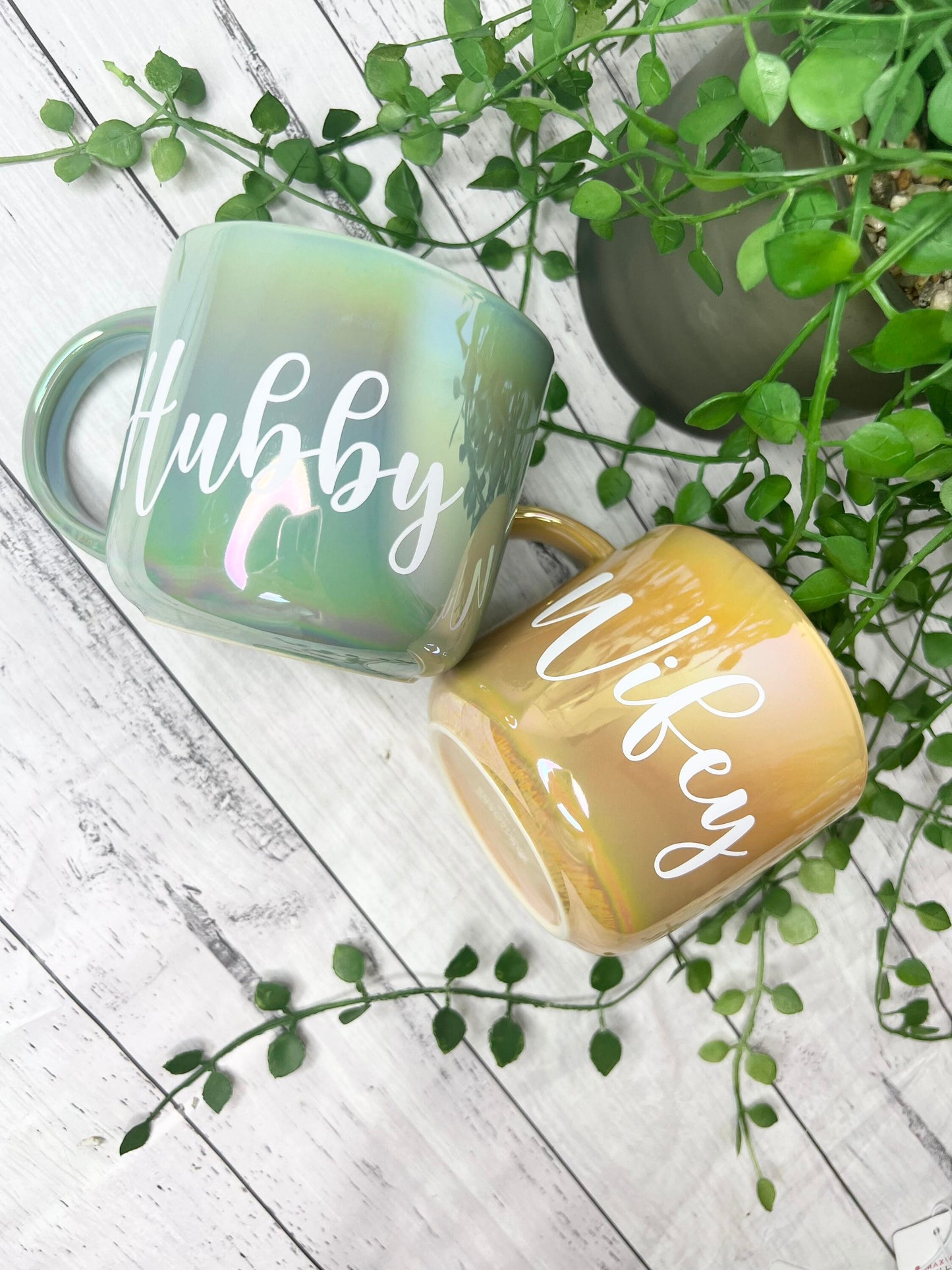 Hubby and wifey  440ml mugs coffee cups set couple gift set Mustard Chrome and green Chrome