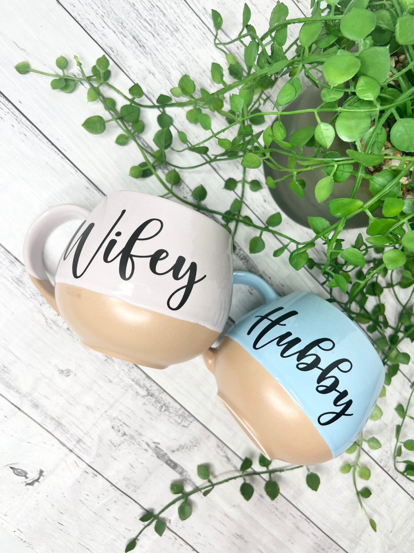 Hubby and Wifey Pink and cream and Blue and cream Hug mugs set 450ml