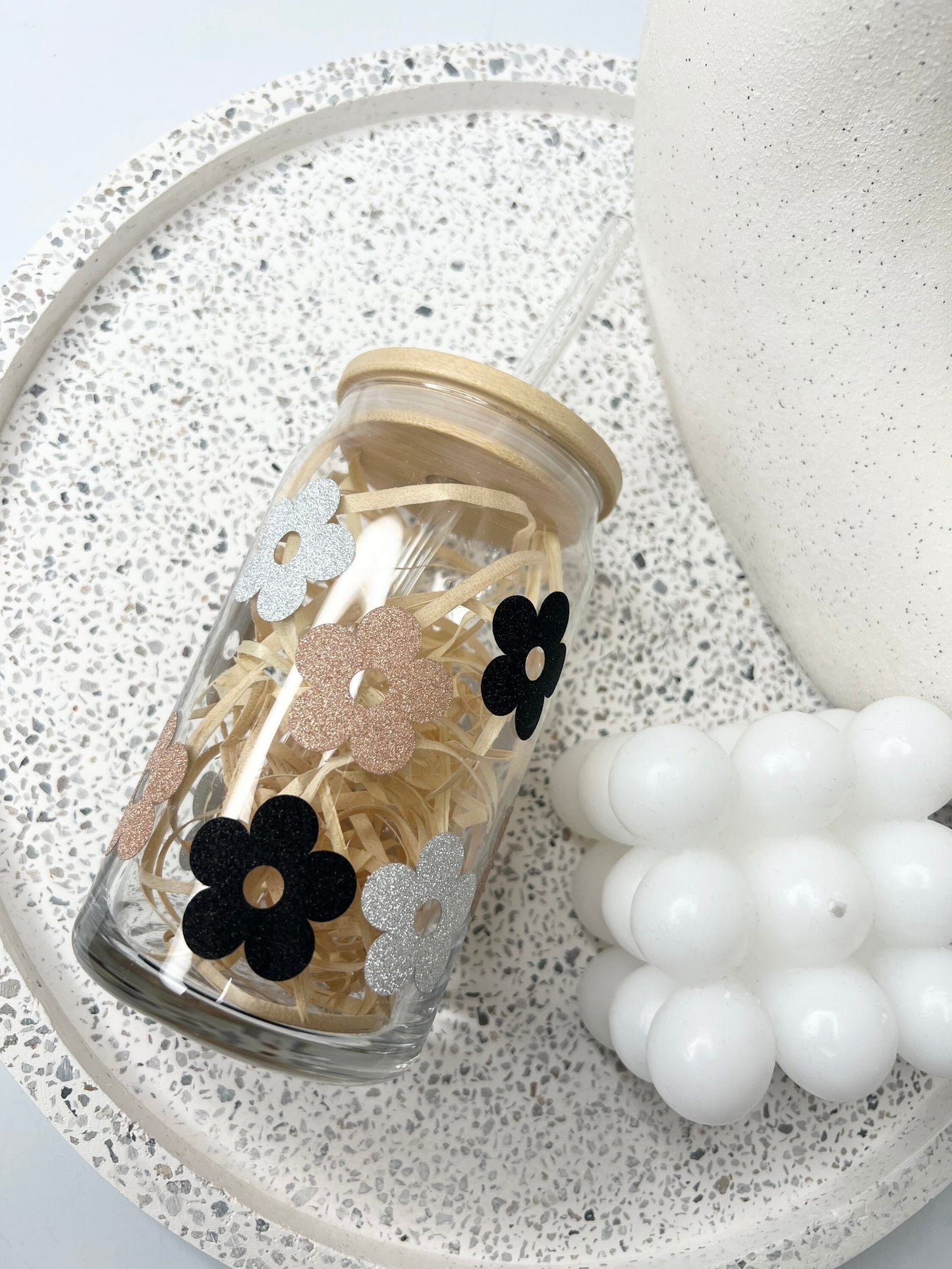 Daisy beer can ice coffee glass cup 470ml 16oz bamboo lid and glass straw Black Gold Silver daisy’s