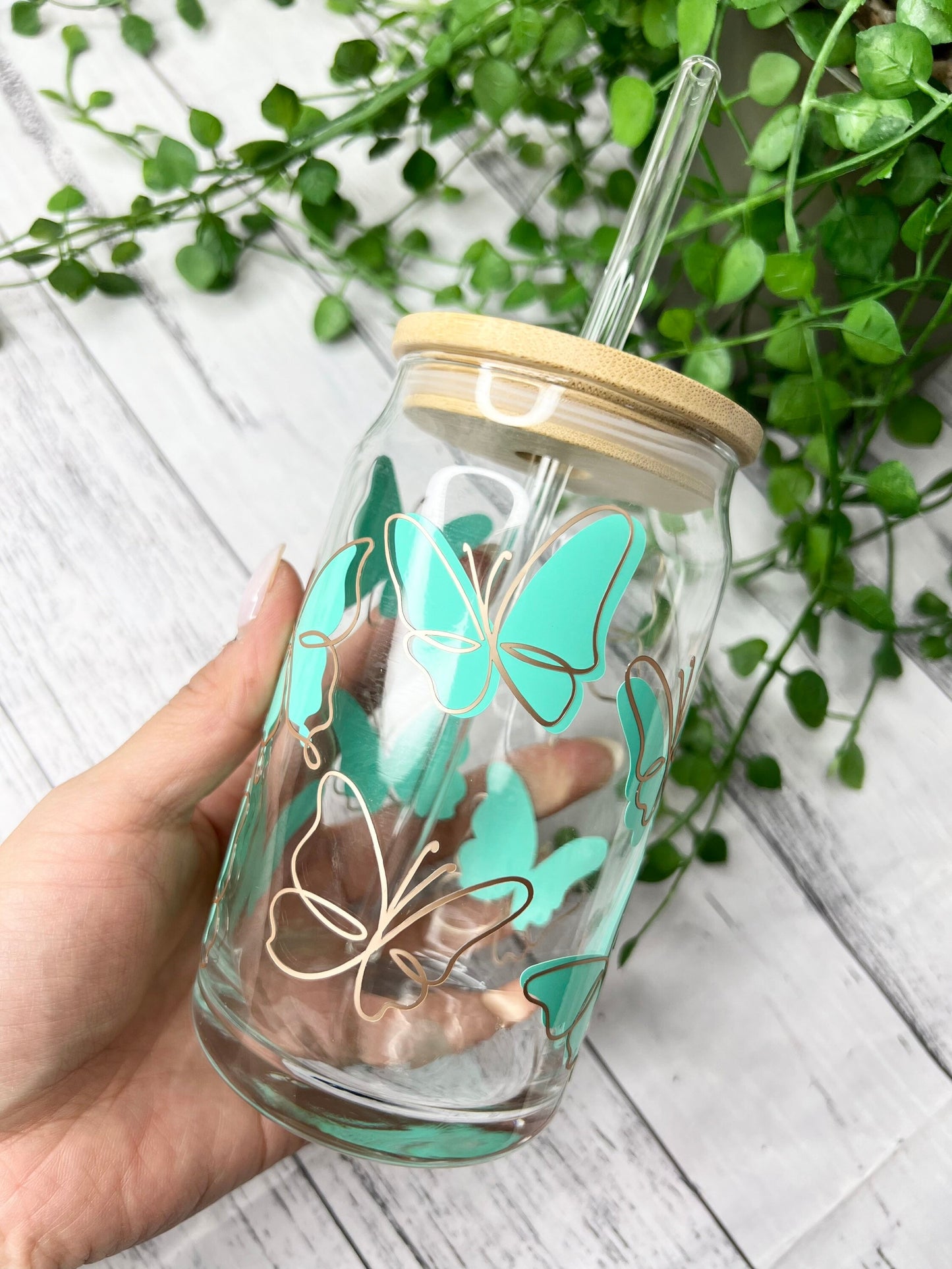 Aqua Butterfly beer can ice coffee glass cup 470ml 16oz with bamboo lid and glass straw