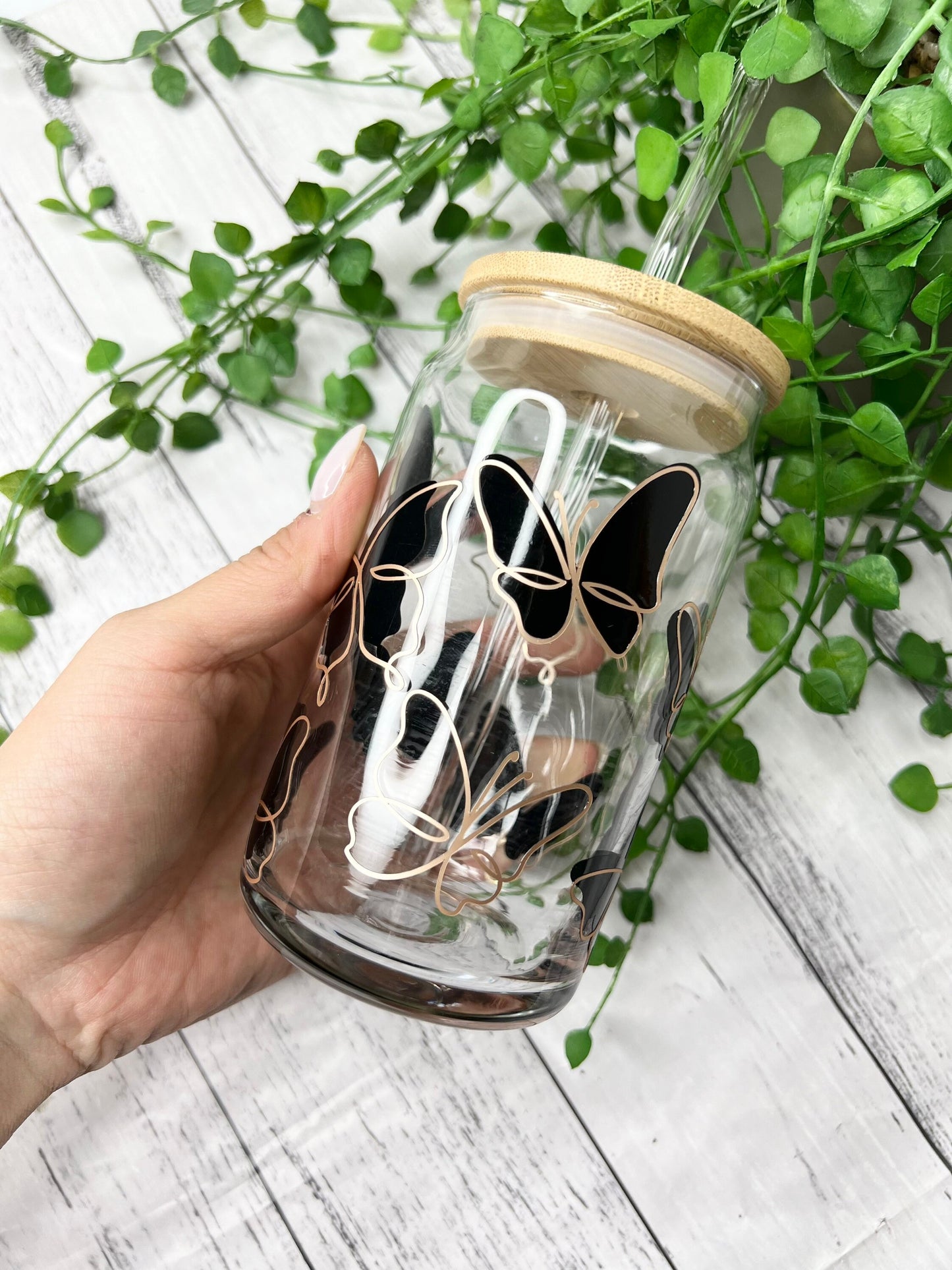 Black Butterfly beer can ice coffee glass cup 470ml 16oz with bamboo lid and glass straw