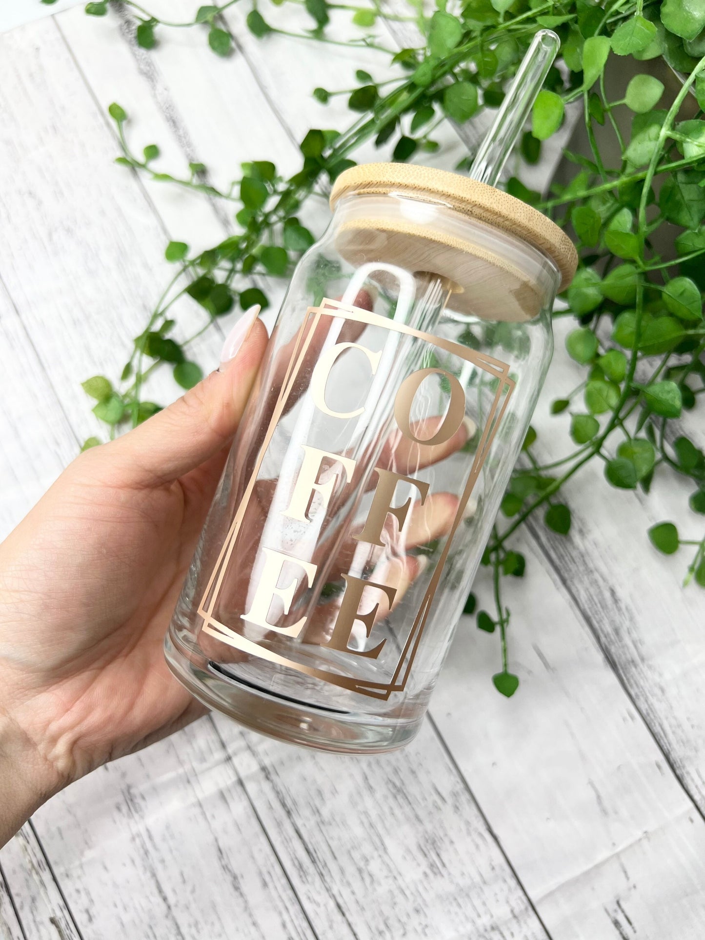 Coffee beer can ice coffee glass cup 470ml 16oz bamboo lid and glass straw rose gold matte