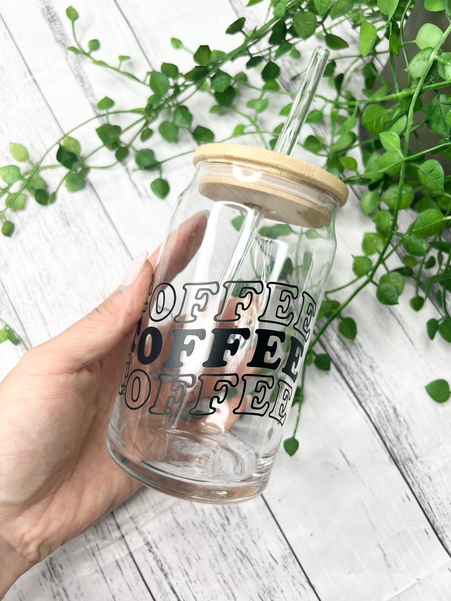 Coffee beer can ice coffee glass cup 470ml 16oz with bamboo lid and glass straw 16oz Black coffee writing