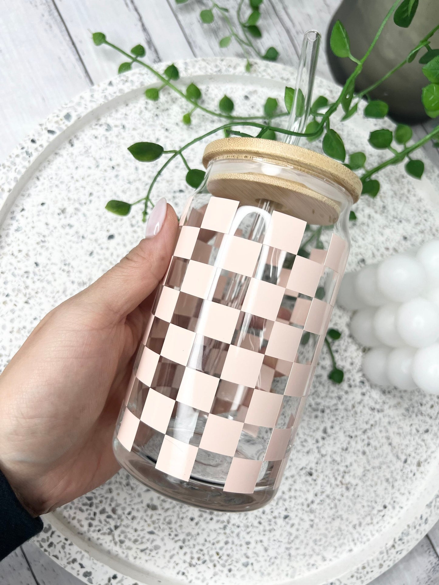 Coffee Pink checked  beer can ice coffee glass cup 470ml 16oz  bamboo lid and glass straw Pink checked