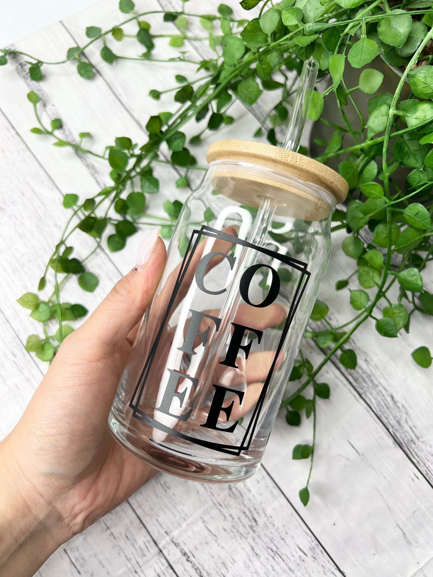 Coffee beer can ice coffee glass cup 470ml 16oz  with bamboo lid and glass straw 16oz Black