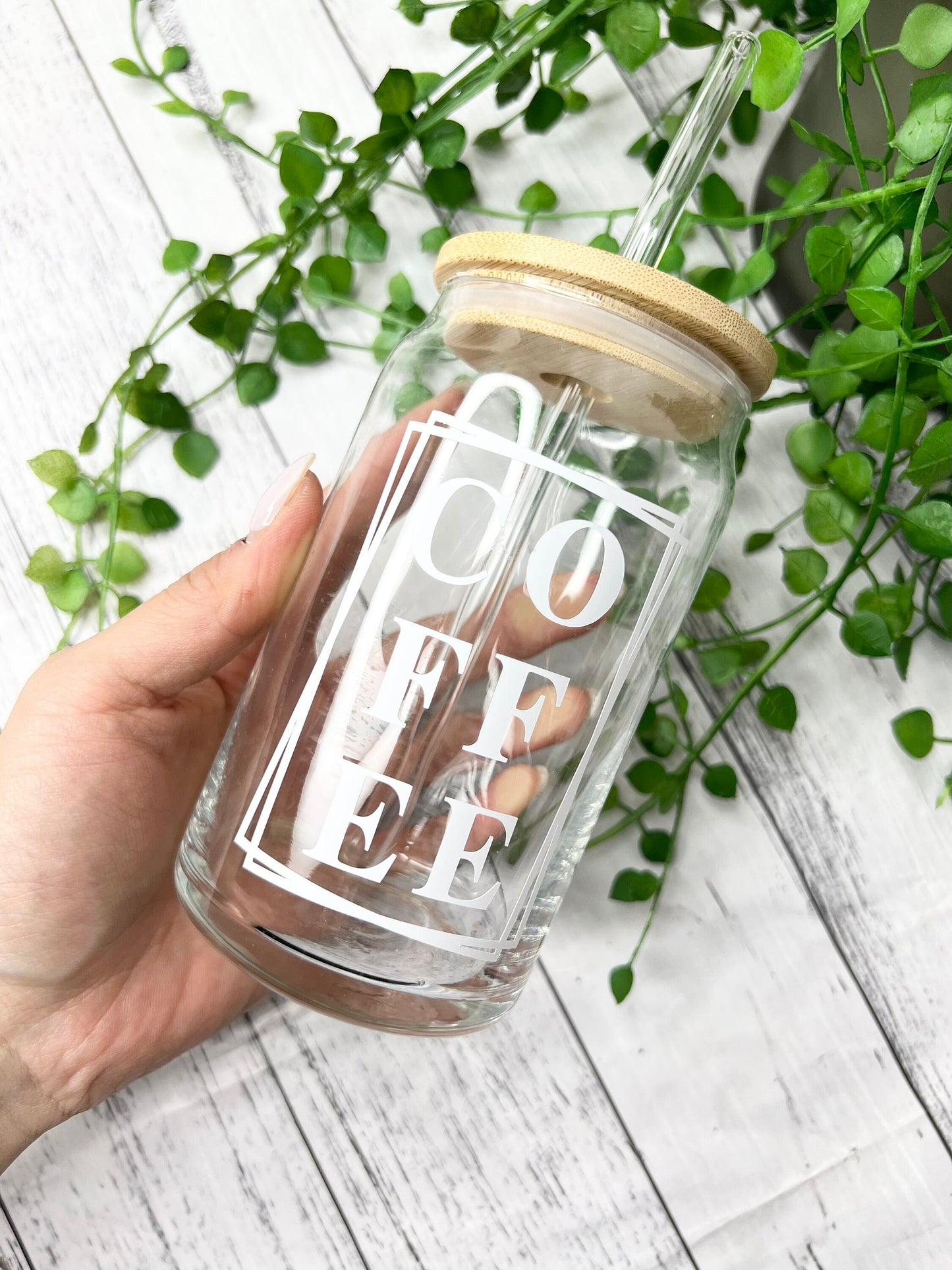 Coffee beer can ice coffee glass cup 470ml 16oz  with bamboo lid and glass straw 16oz white