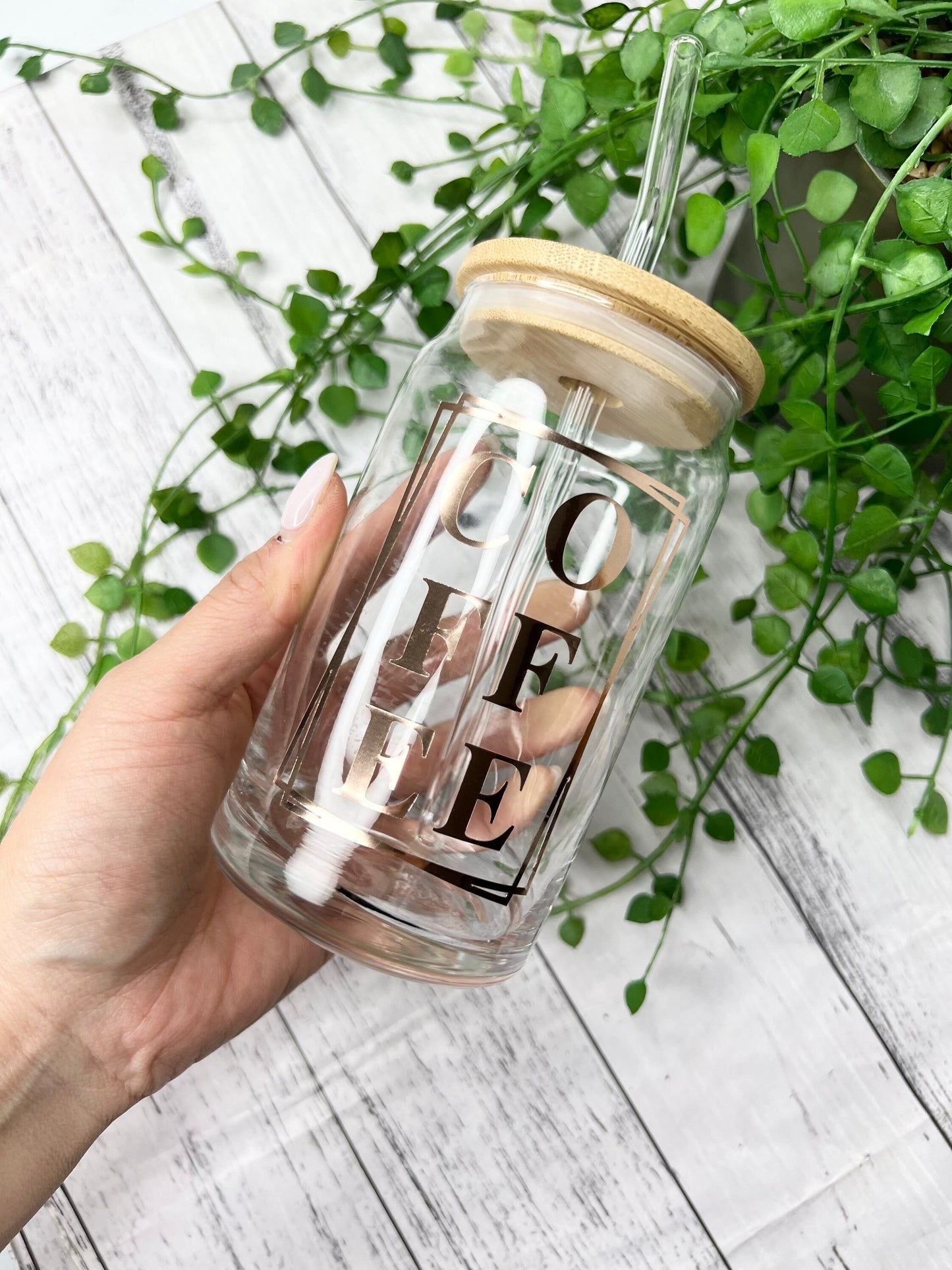 Coffee beer can ice coffee glass cup 470ml 16oz  with bamboo lid and glass straw 16oz rose gold writing