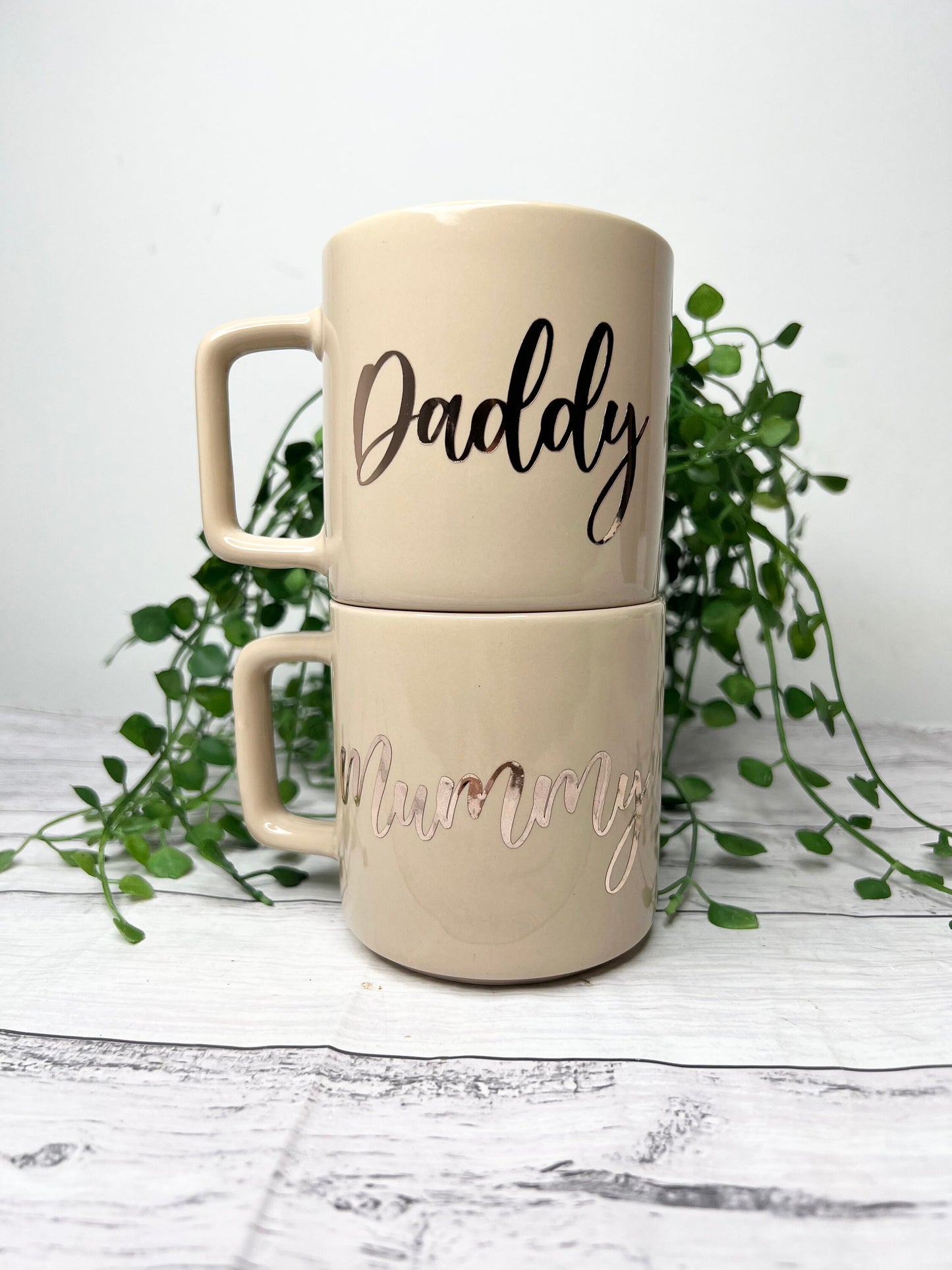 Mummy and Daddy Beige Mugs With Rose Gold writing Mug set 320ml
