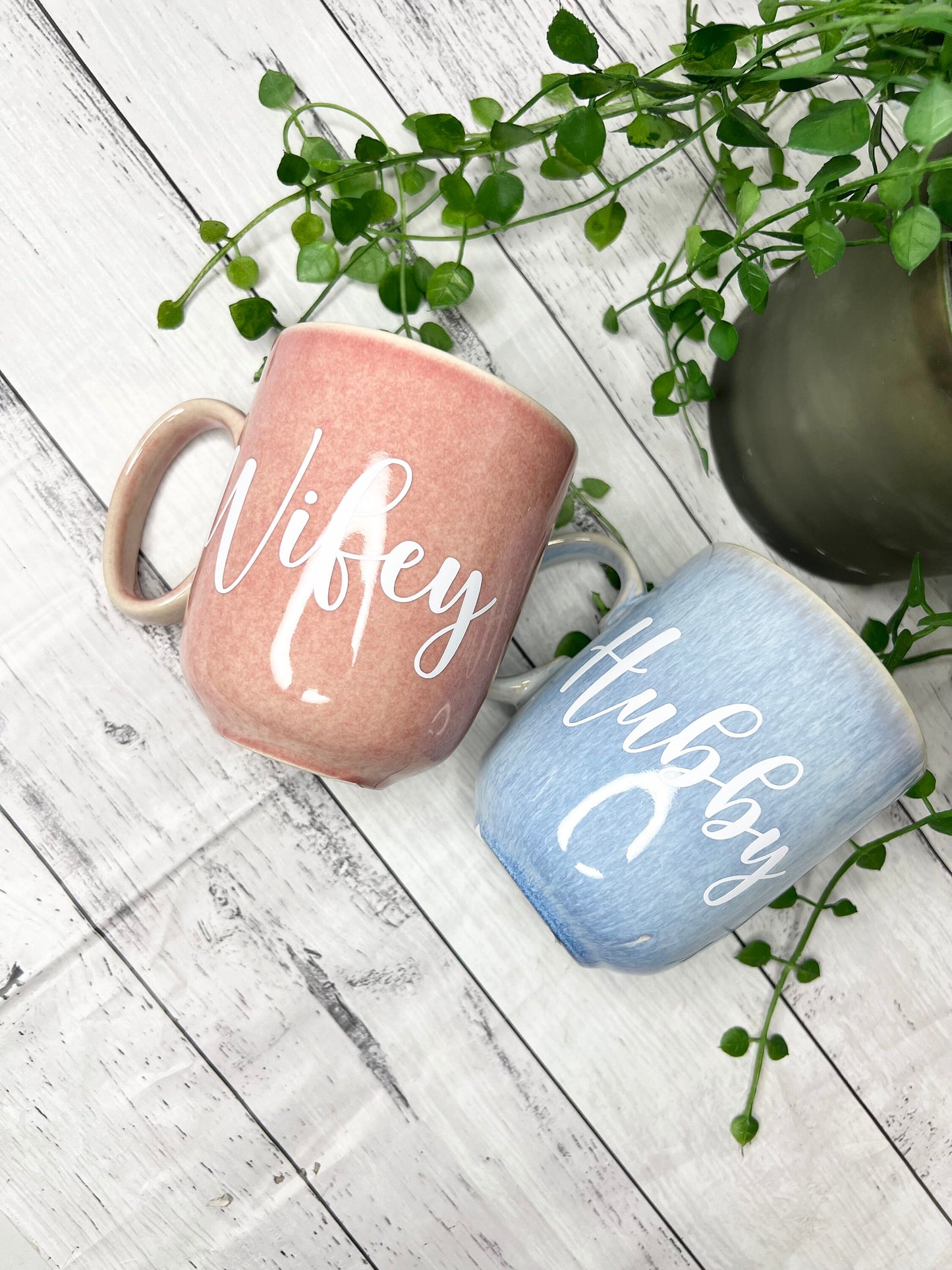Hubby and Wifey  Pink and Blue Mug with White writing Mug set 380ml