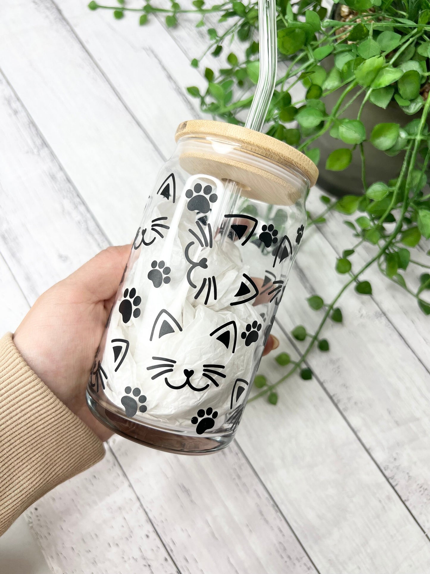 Cat beer can ice coffee glass cup 470ml 16oz bamboo lid and glass straw Black