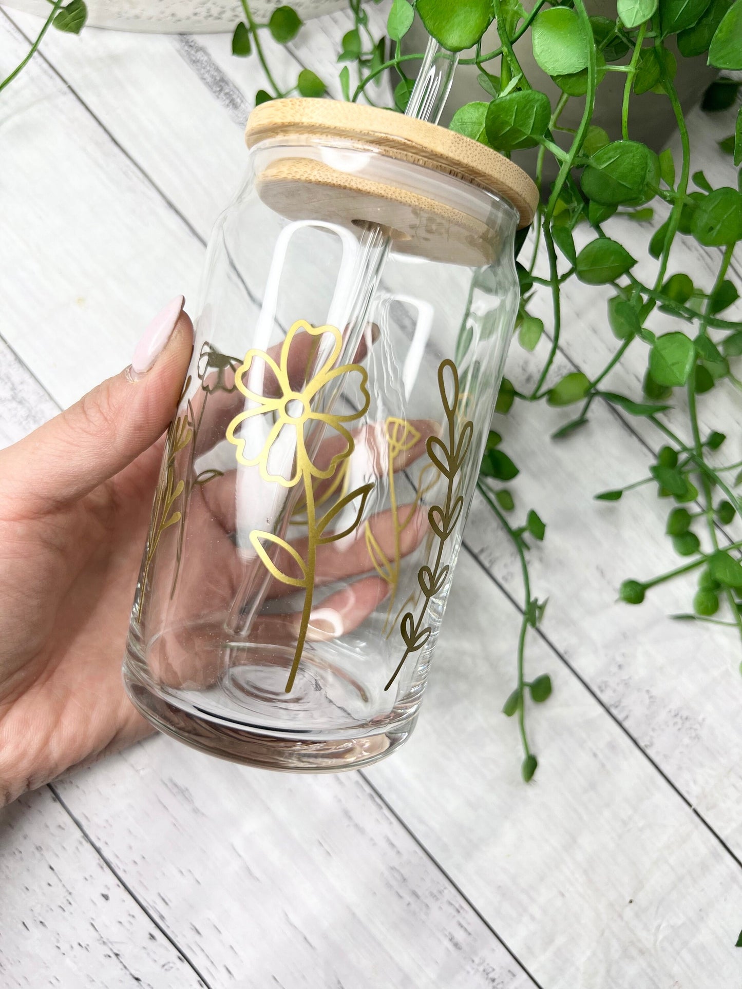 Coffee floral beer can ice coffee glass cup 470ml 16oz bamboo lid and glass straw gold floral