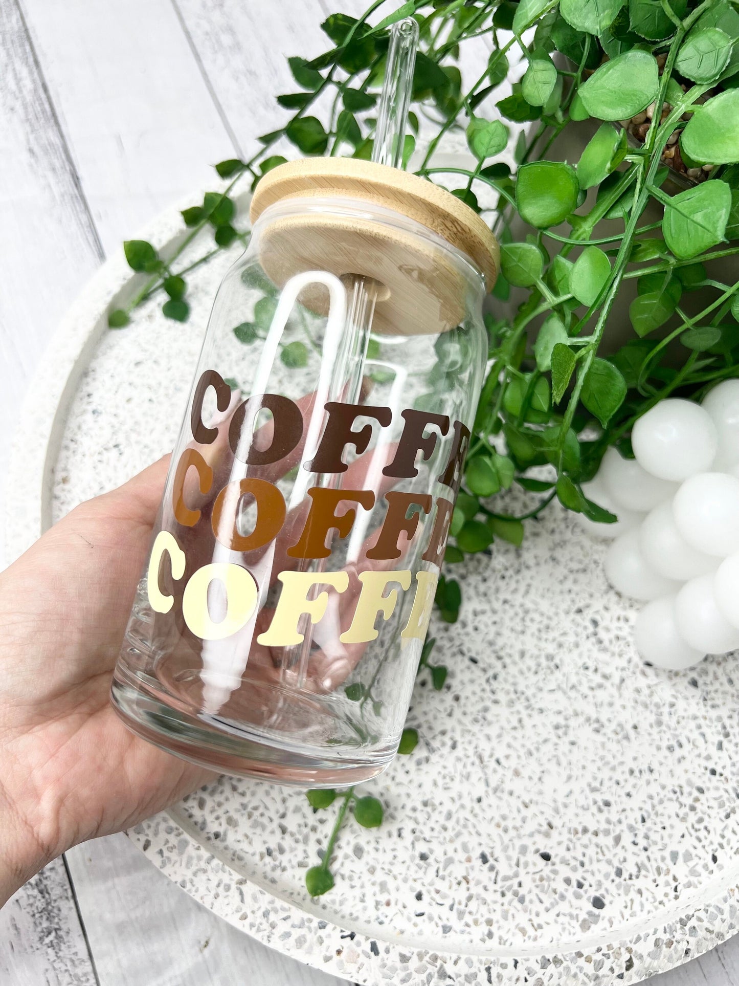 Coffee beer can ice coffee glass cup 470ml 16oz bamboo lid and glass straw brown coffee writing