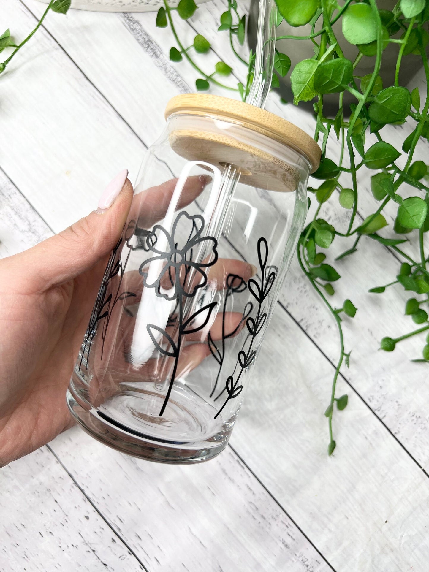 Coffee floral beer can ice coffee glass cup 470ml 16oz bamboo lid and glass strawblack floral