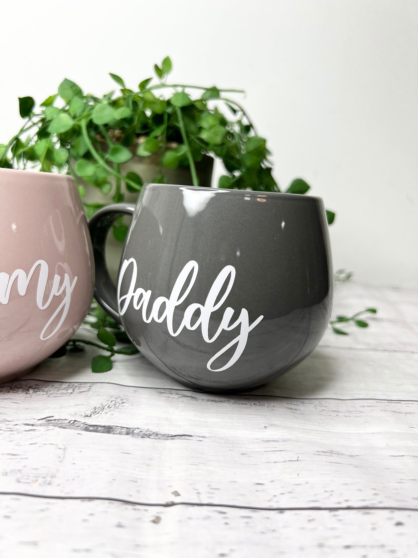 Mummy and Daddy Pink and Grey hug mug set 450ml couple set White writing