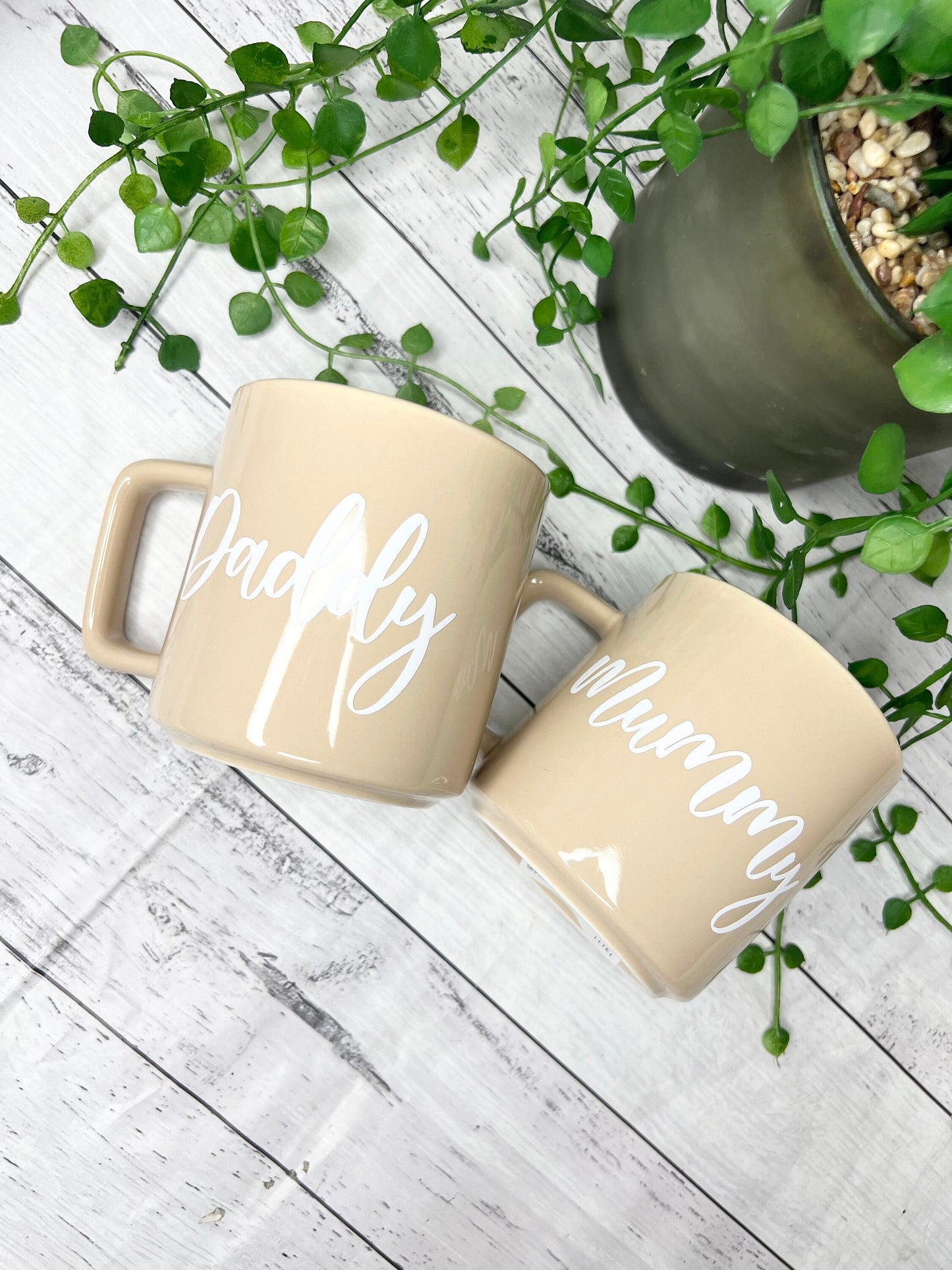 Mummy and Daddy Beige Mugs With White writing Mug set 320ml