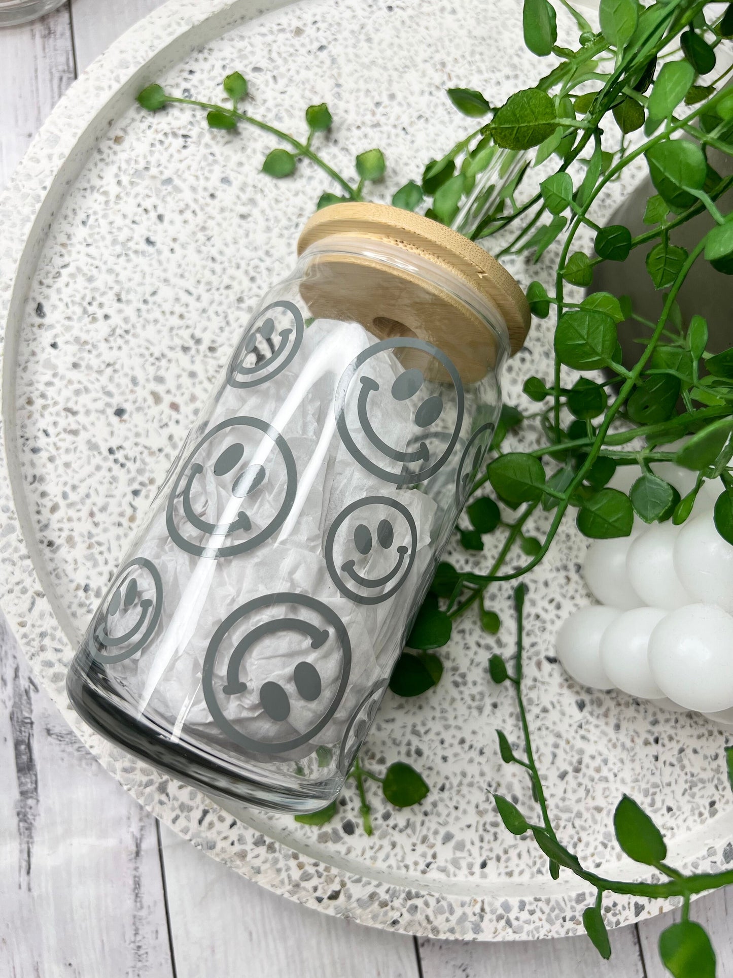 Coffee Smiley beer can ice coffee glass cup 470ml 16oz bamboo lid and glass straw Grey