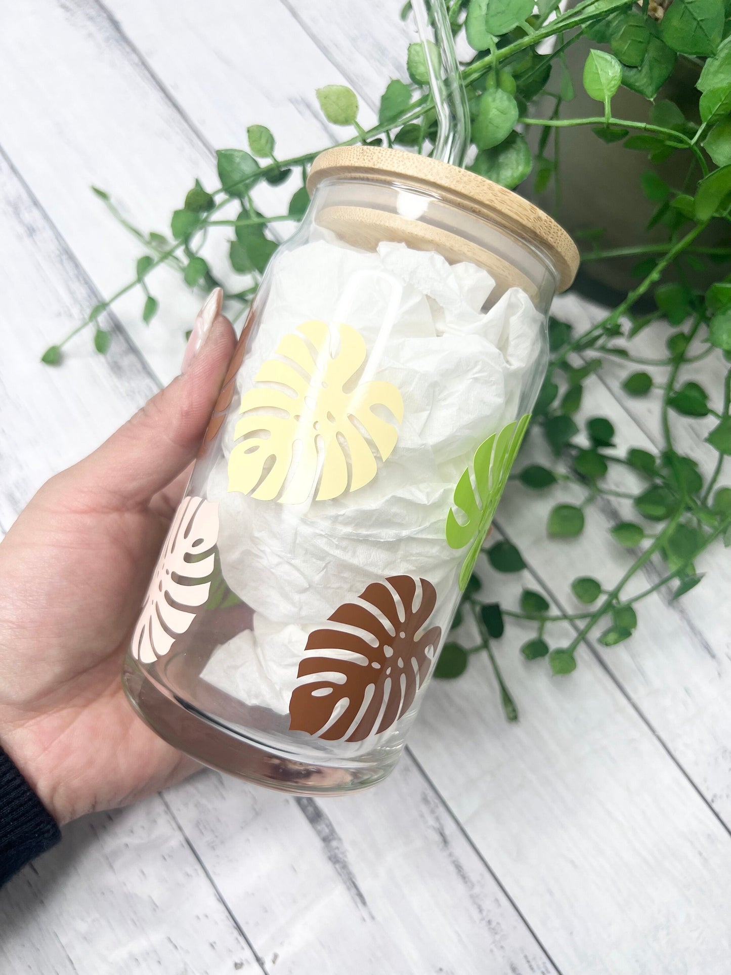 Coffee floral monstera beer can ice coffee glass cup 470ml 16oz bamboo lid and glass straw leaves