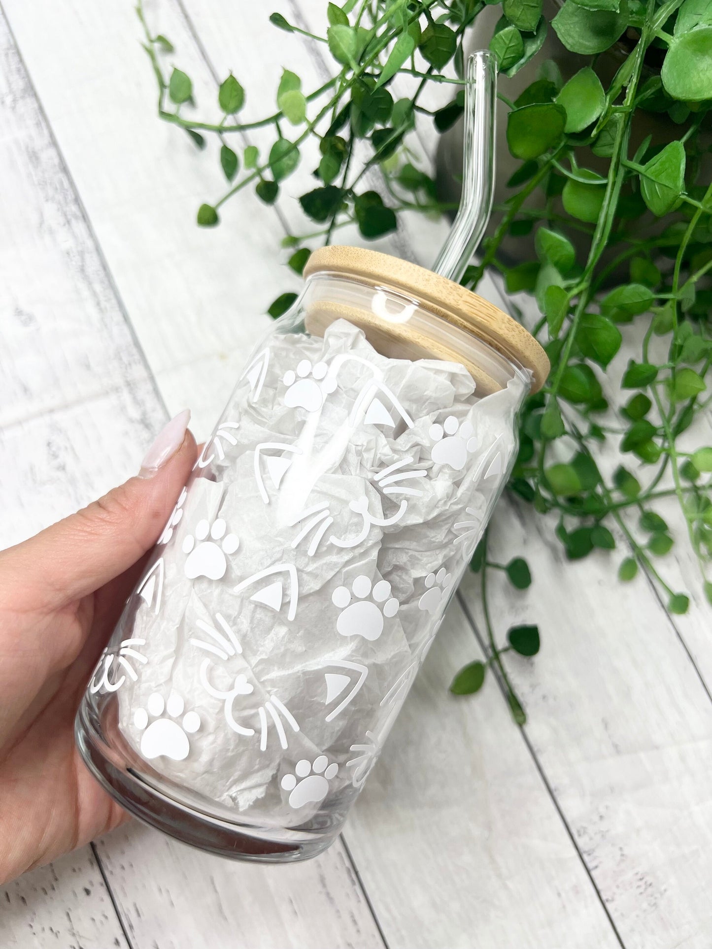 Cat beer can ice coffee glass cup 470ml 16oz bamboo lid and glass straw white