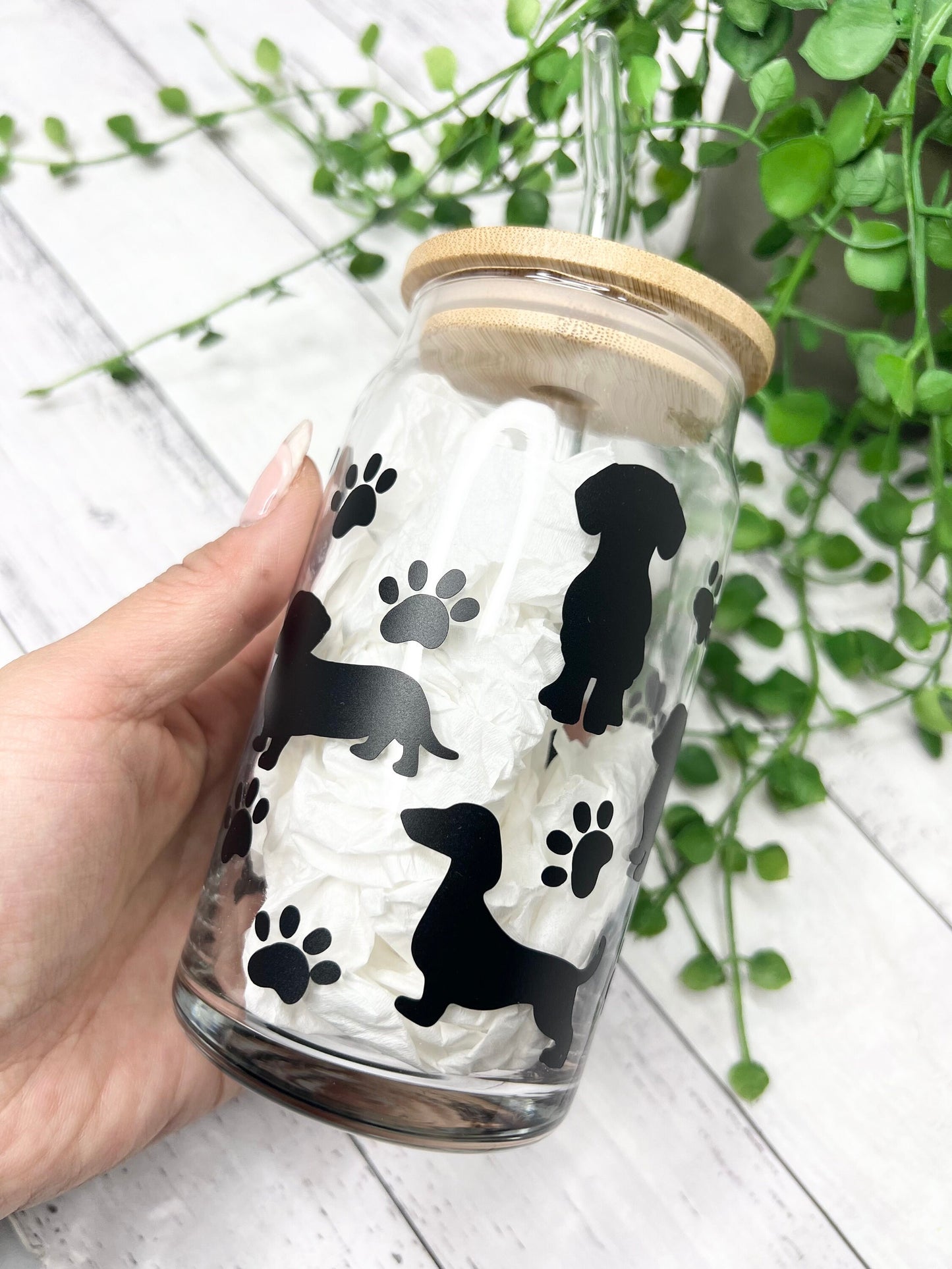 Dog daschund beer can ice coffee glass cup 470ml 16oz bamboo lid and glass straw in black