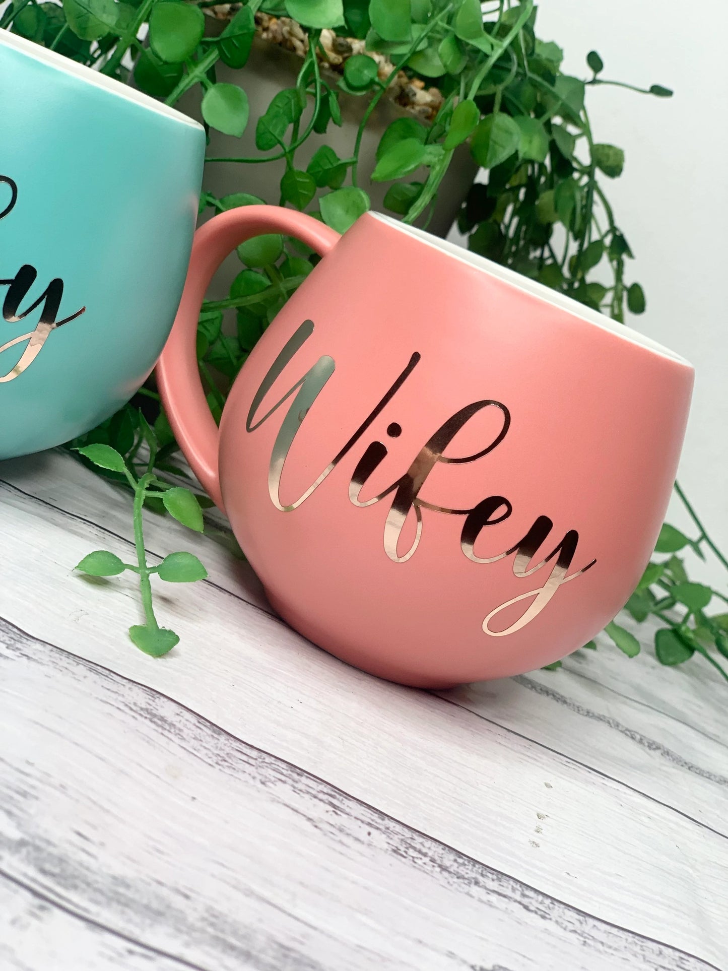 Hubby and wifey Coral and Aqua Hug mug set 450ml
