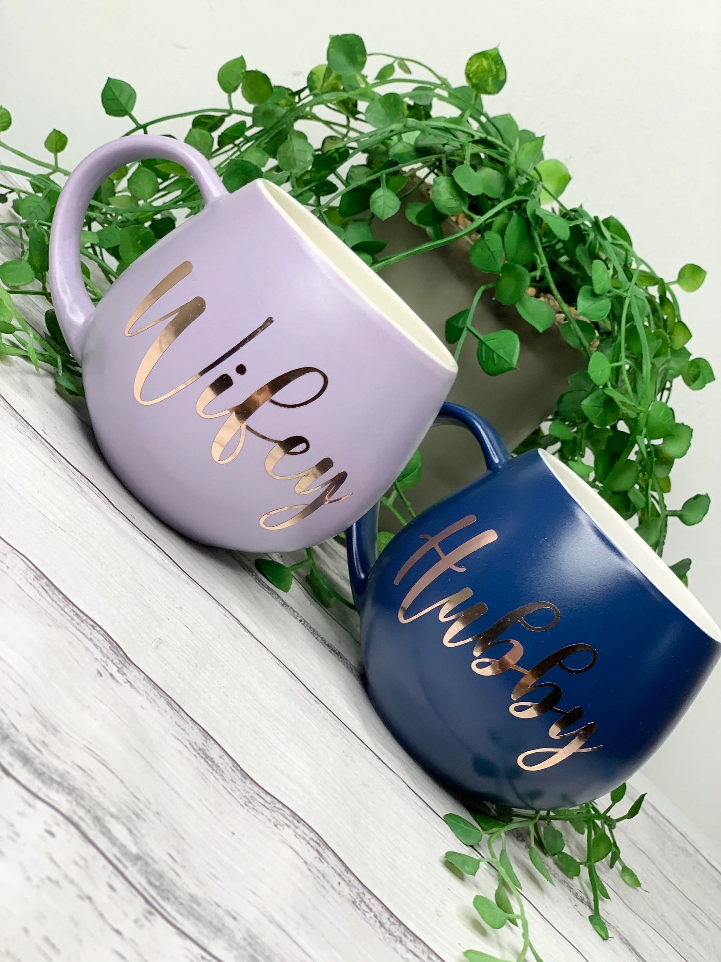 Hubby and wifey Purple and Navy hug mug set  450ml couple set