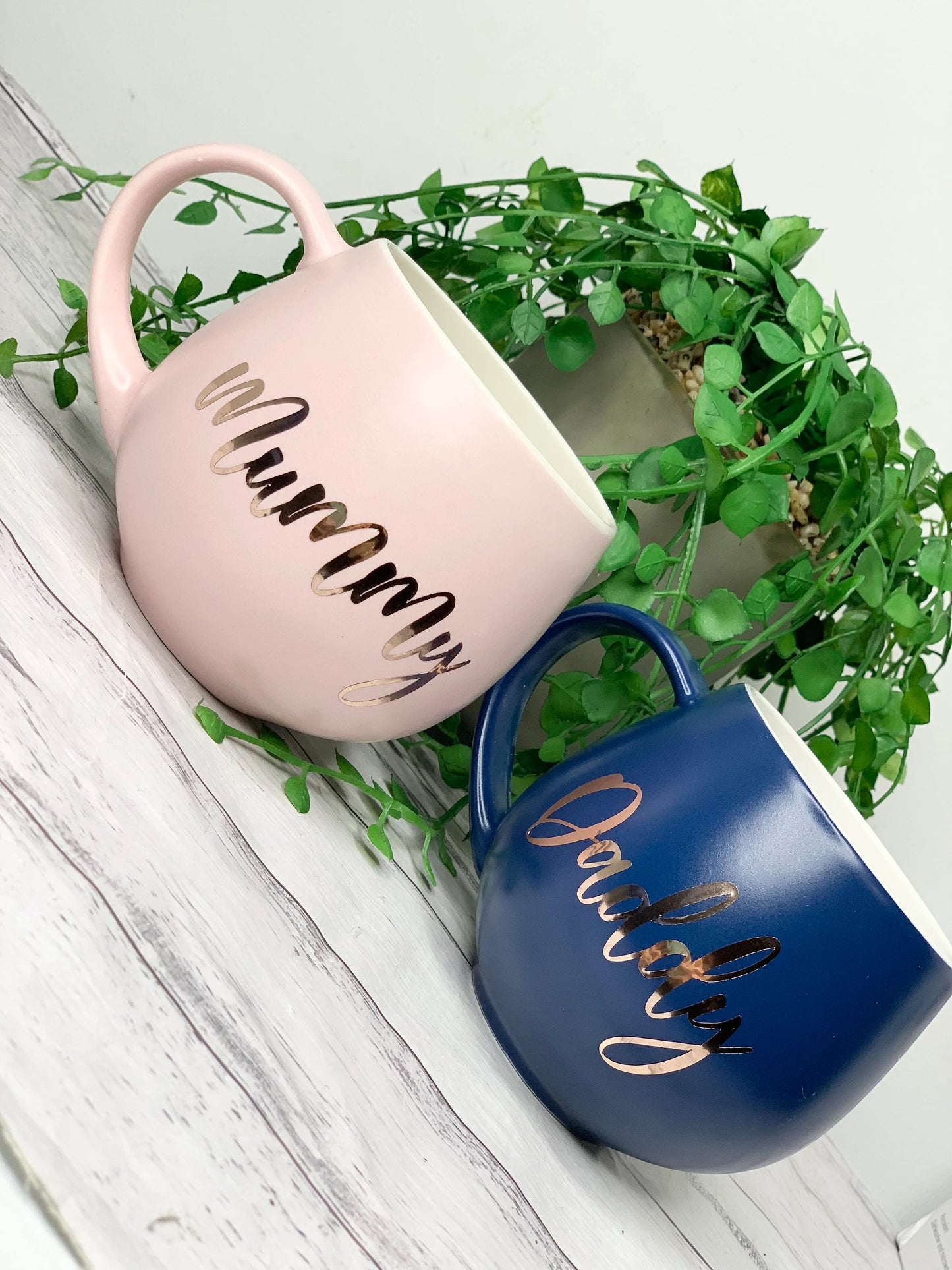 Mummy and Daddy Pink and Navy Couple hug mug set 450ml