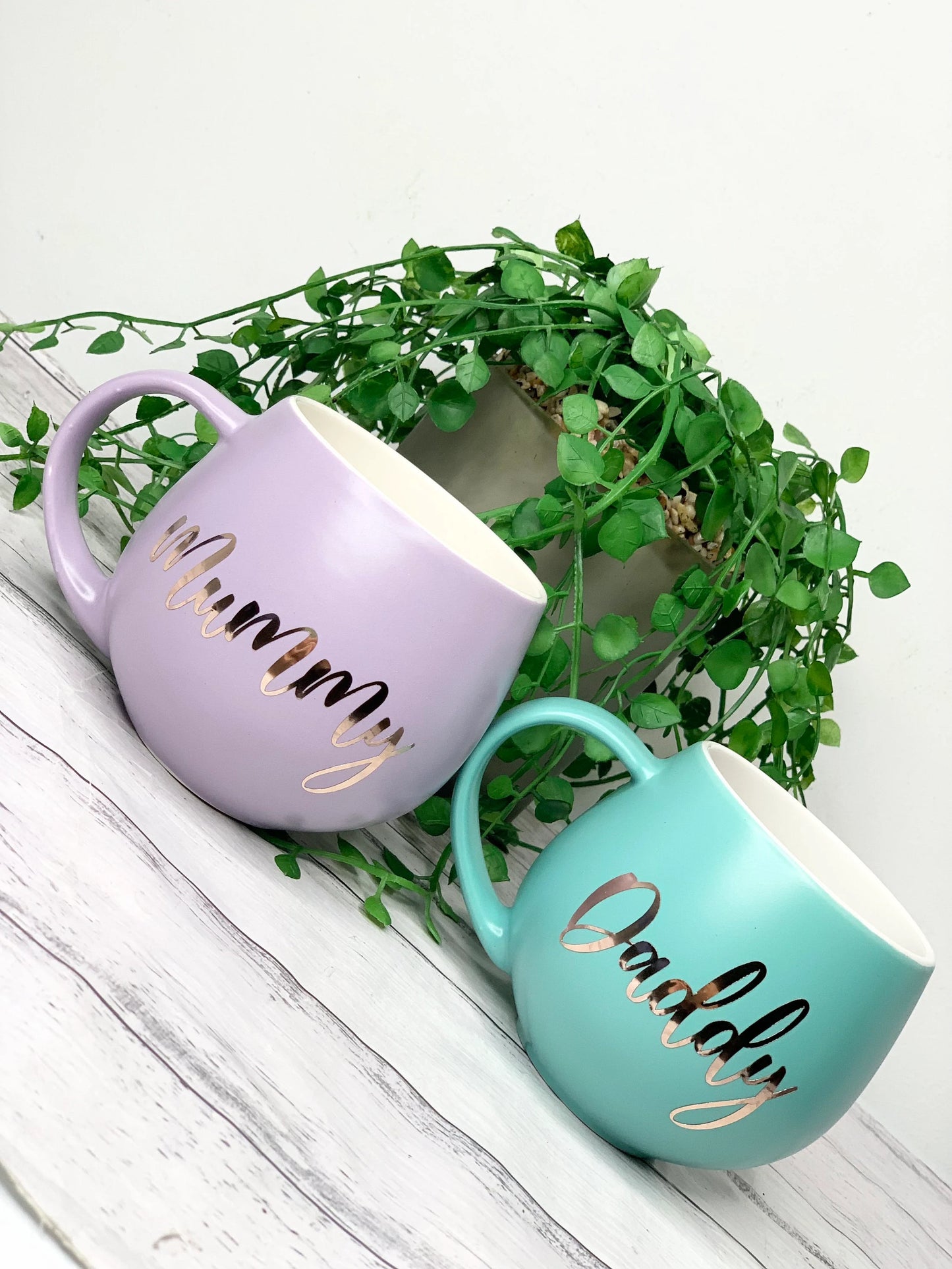 Mummy and Daddy  Purple and Aqua hug mug set  450ml couple set