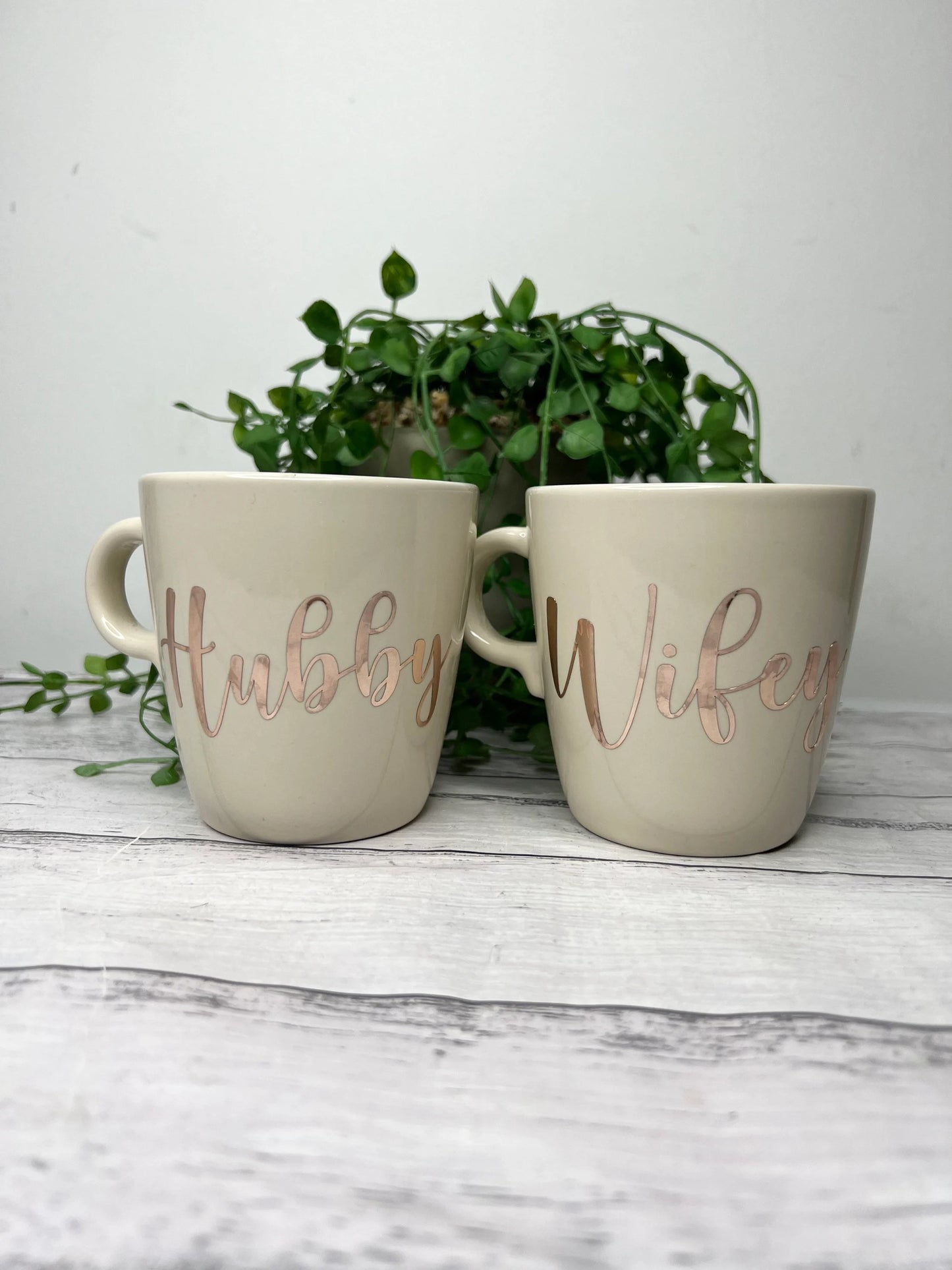 Hubby and wifey mug couple set Cream set with rose gold writing coffee cup
