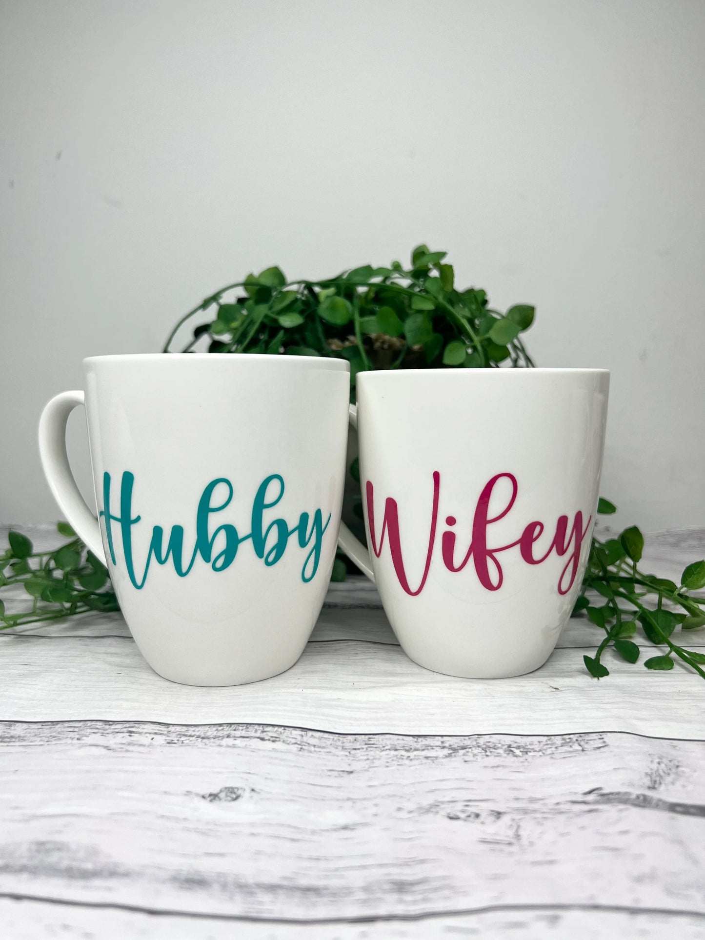 Hubby and Wifey Magenta and Teal writing 450ml mugs coffee cups parents