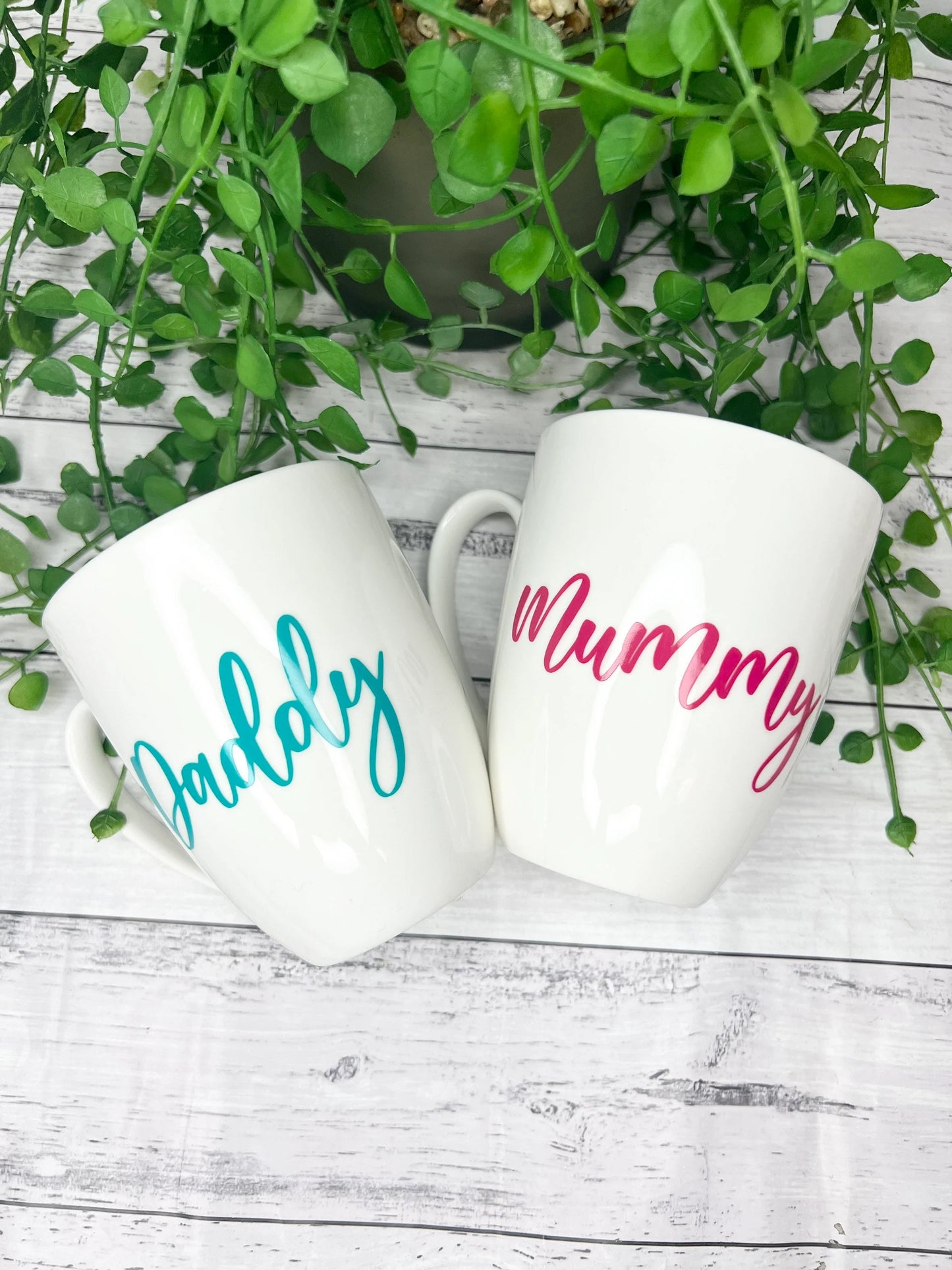 Mummy and Daddy Magenta and Teal writing 450ml  mugs coffee cups parents