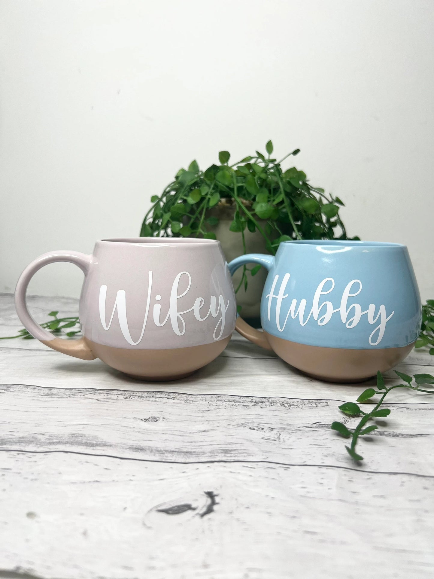 Hubby and Wifey Pink and cream and Blue and cream Hug mugs white set 450ml