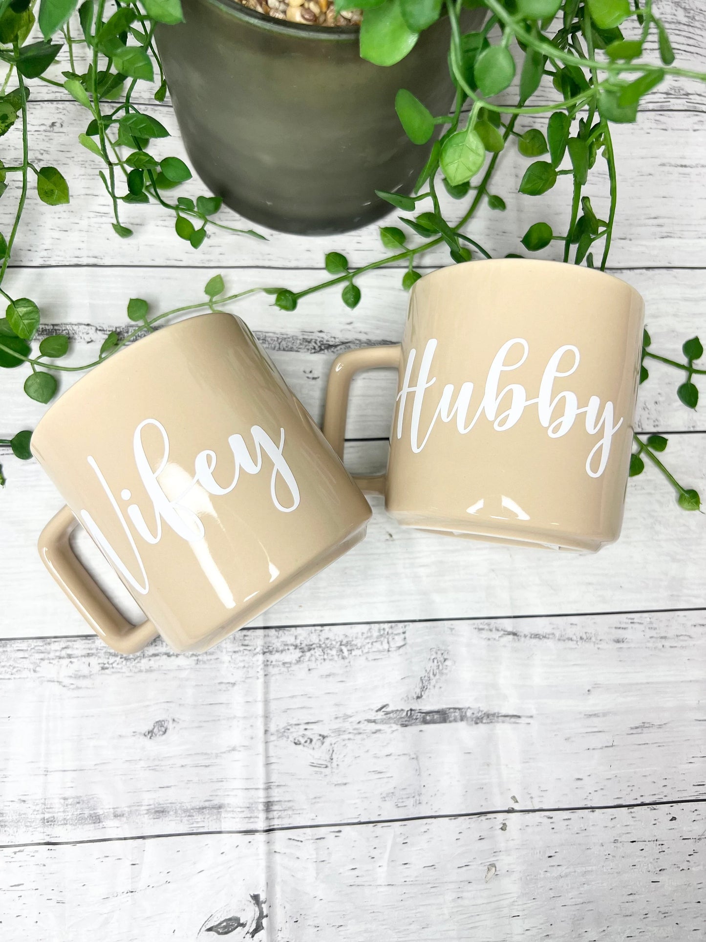 Hubby and Wifey Beige Mugs With white writing Mug set 320ml