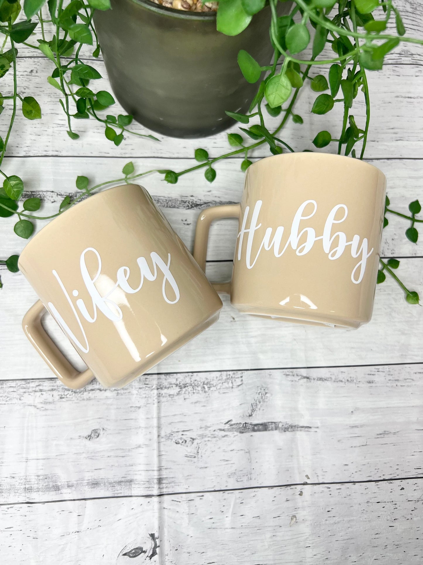 Hubby and Wifey Beige Mugs With white writing Mug set 320ml