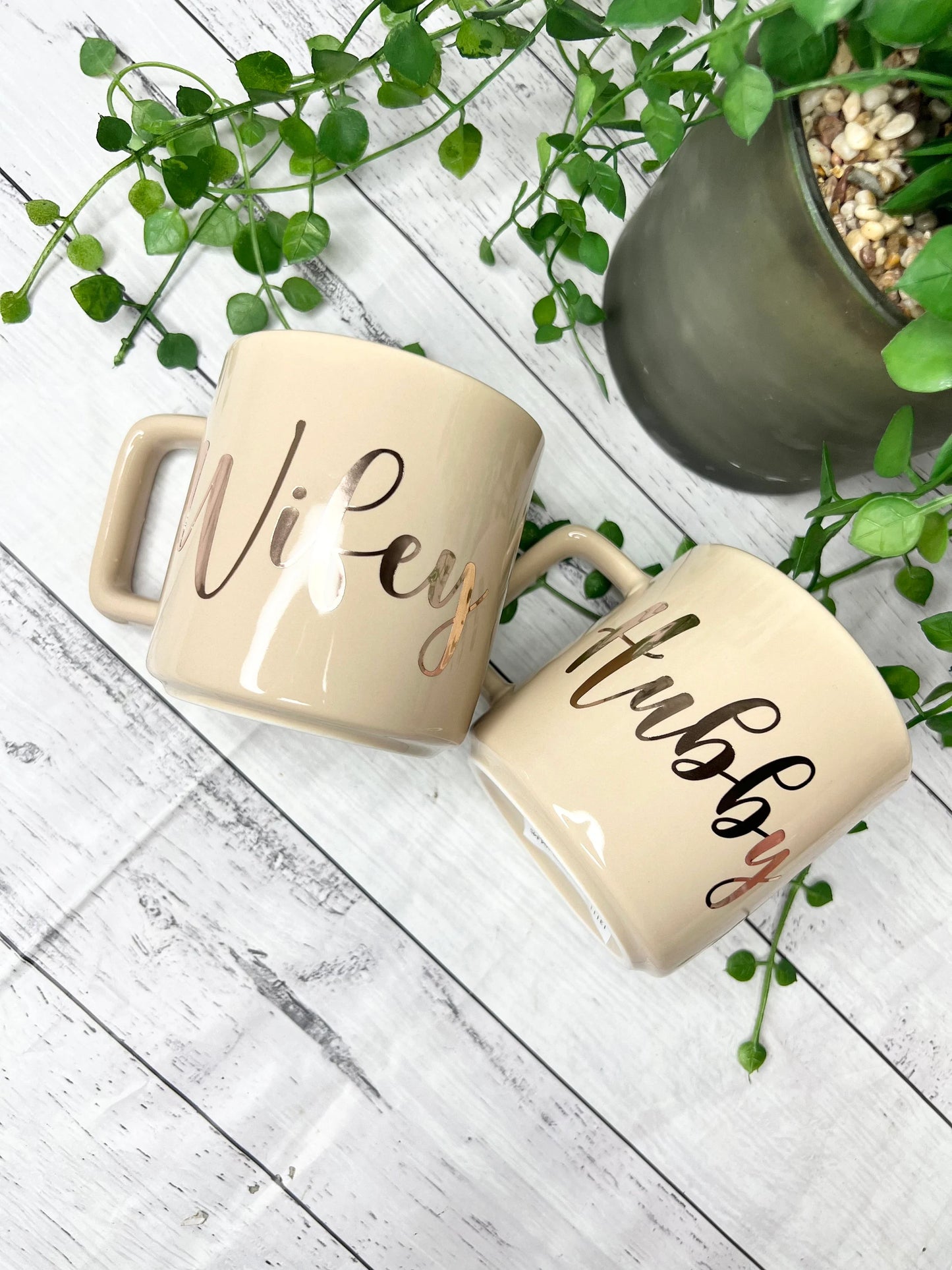 Hubby and Wifey Beige Mugs With Rose Gold writing Mug set 320ml