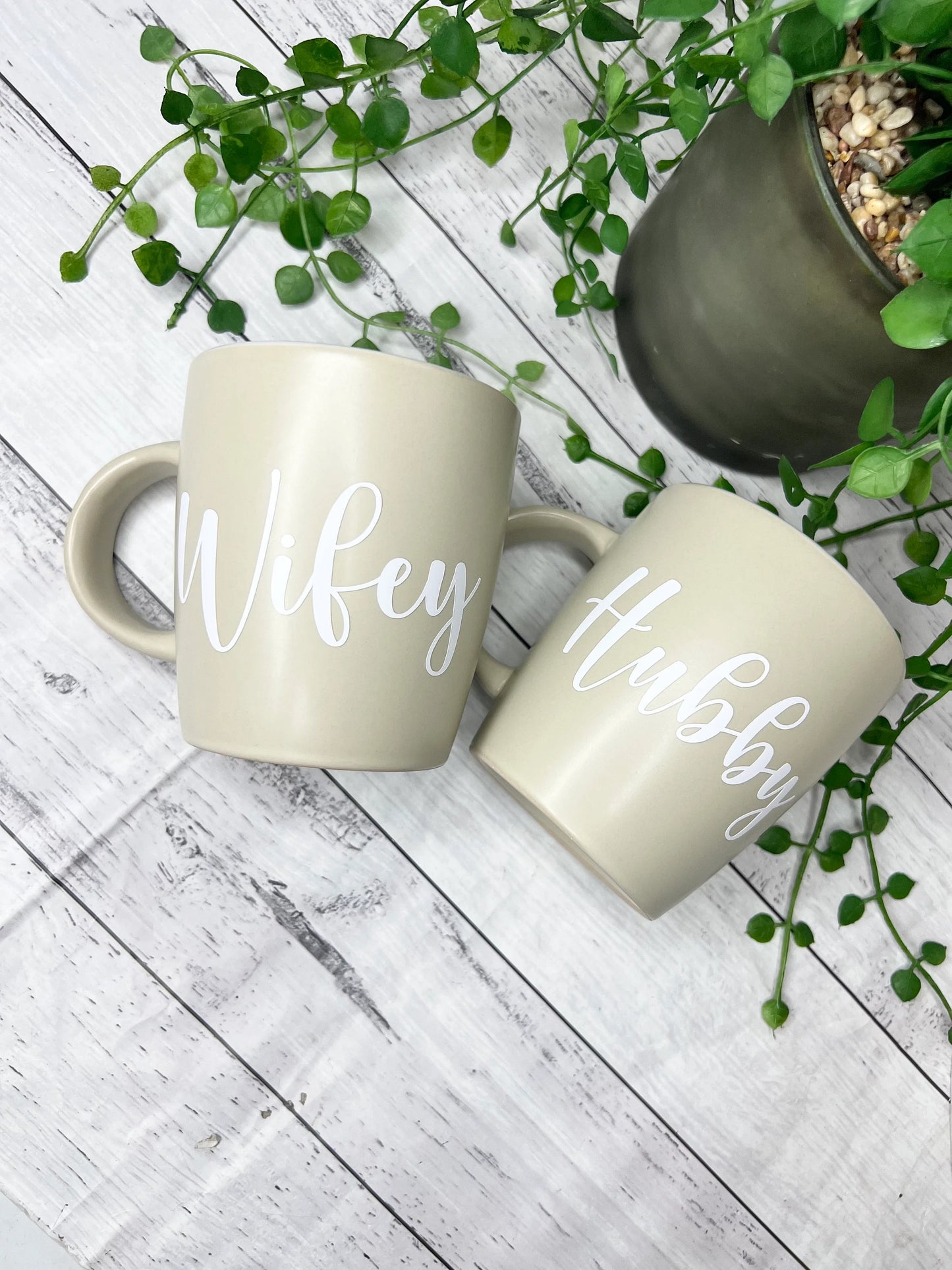 Hubby and Wifey Beige Mugs With White writing Mug set 340Ml