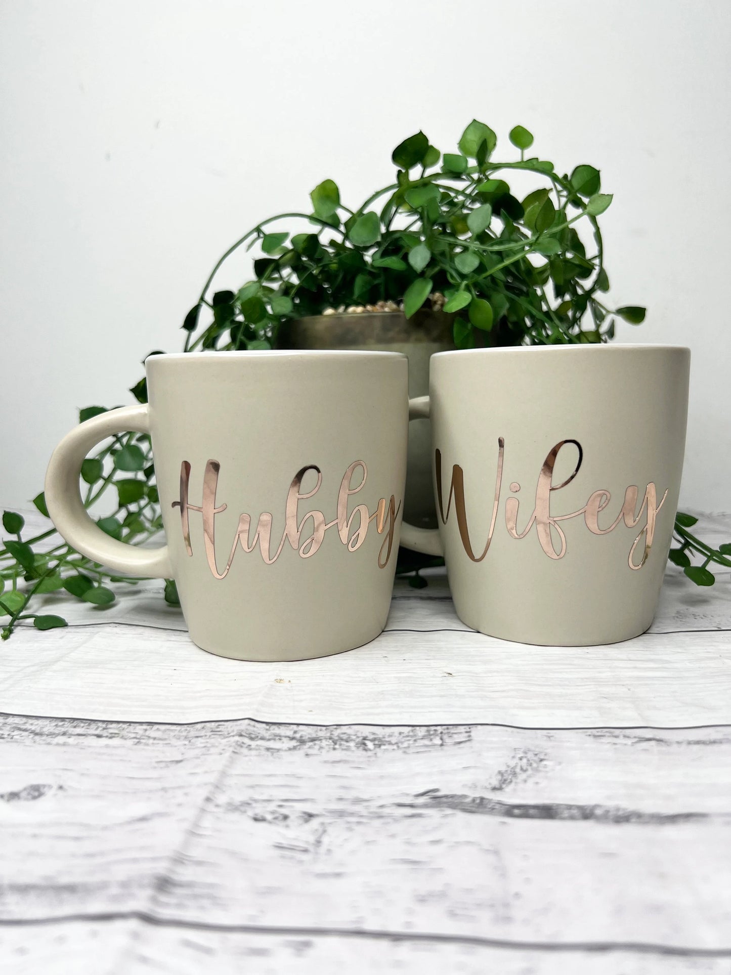 Hubby and Wifey Beige Mugs With Rose Gold writing Mug set 340Ml