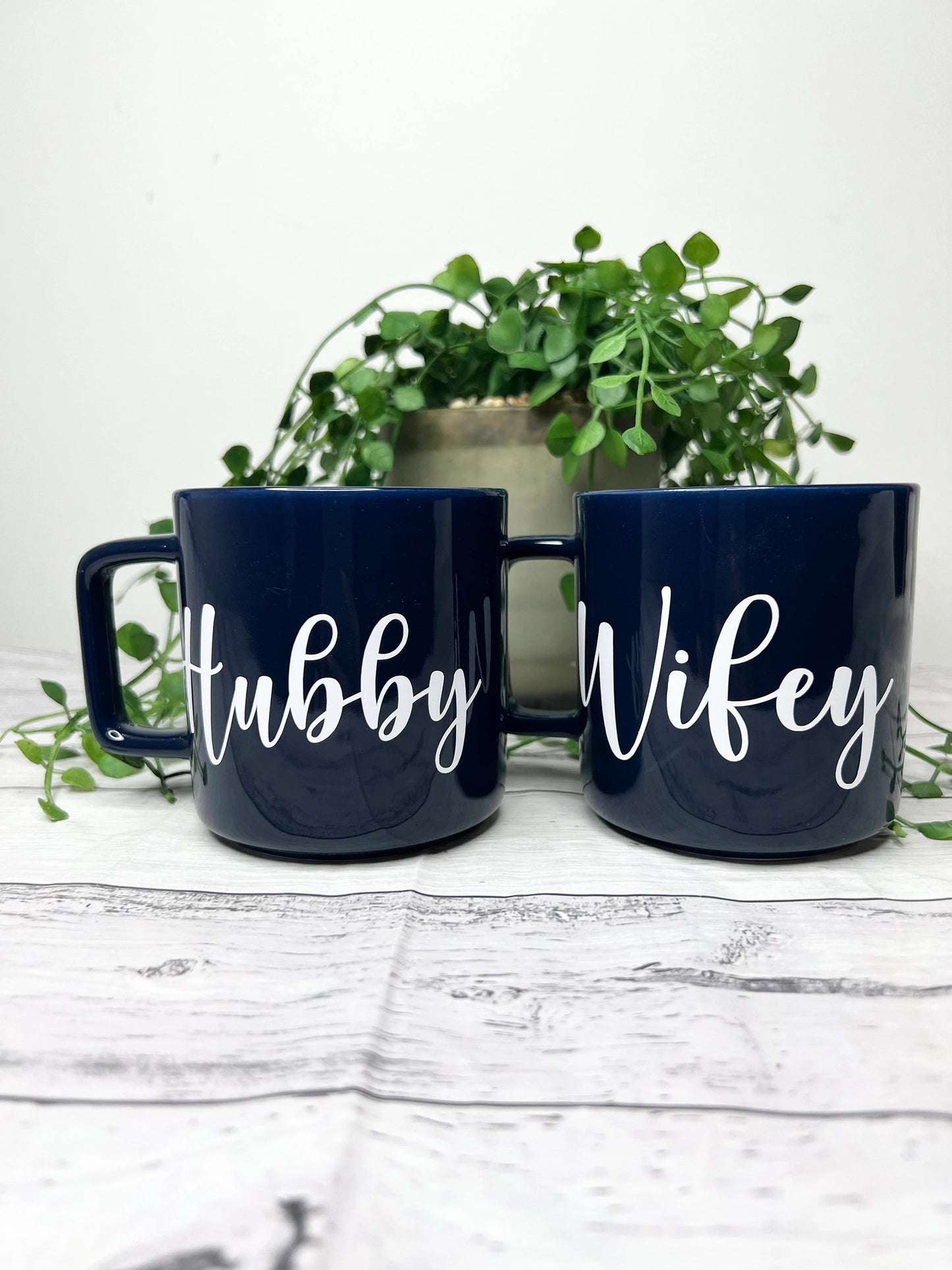 Hubby and Wifey Navy Mugs With white writing Mug set 320ml