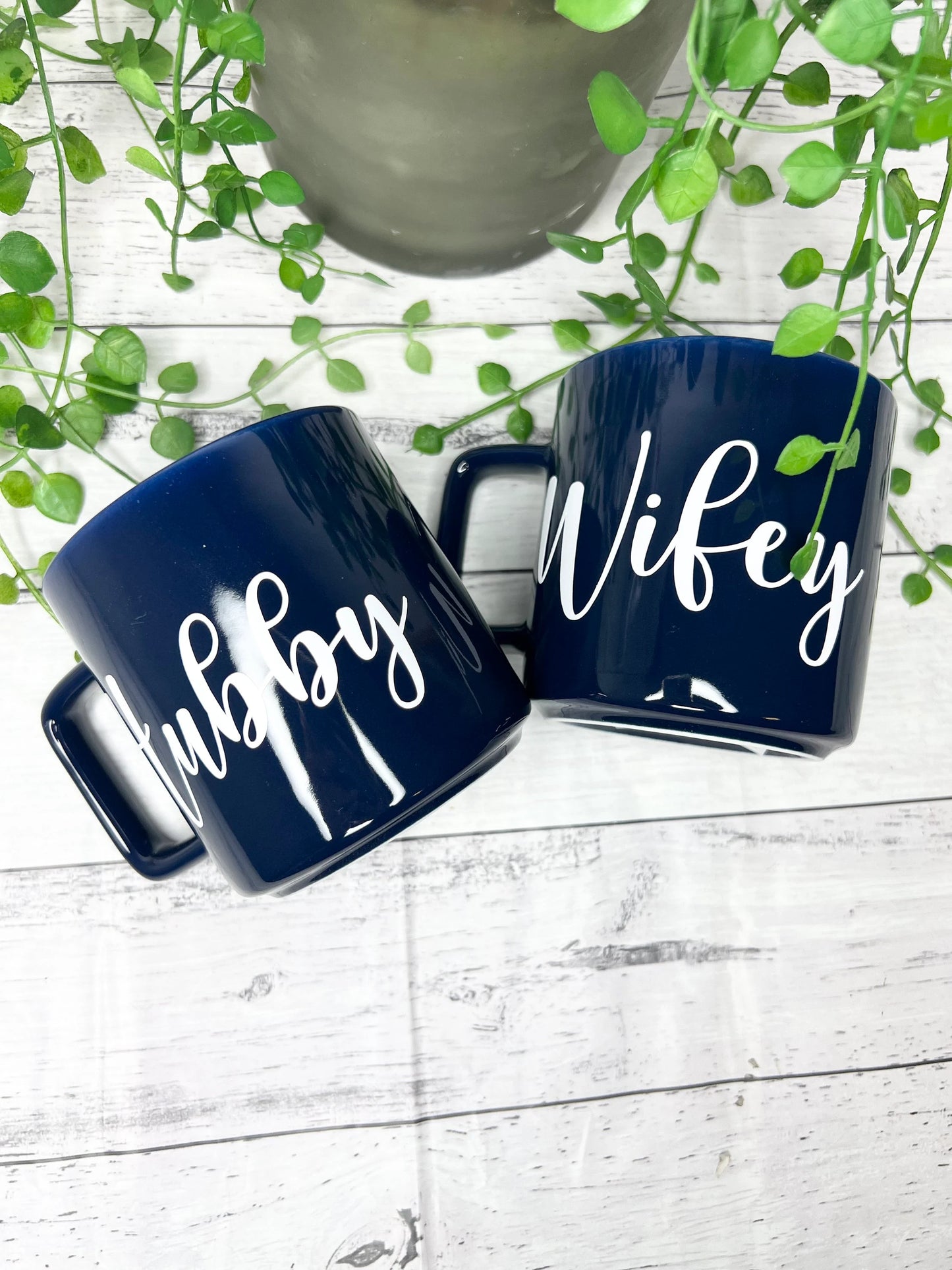 Hubby and Wifey Navy Mugs With white writing Mug set 320ml