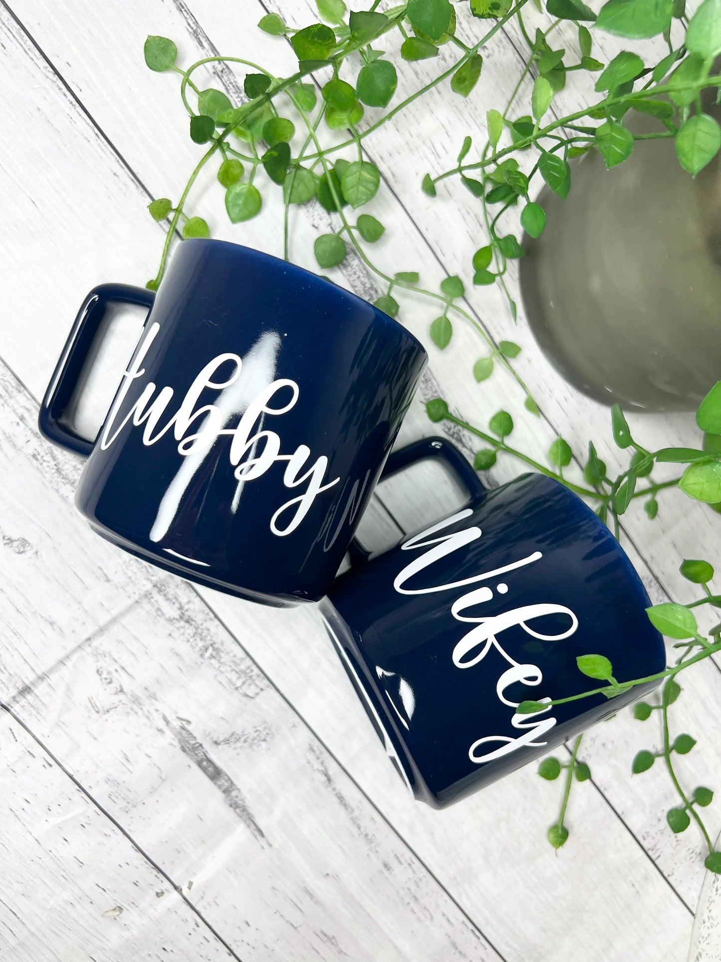Hubby and Wifey Navy Mugs With white writing Mug set 320ml