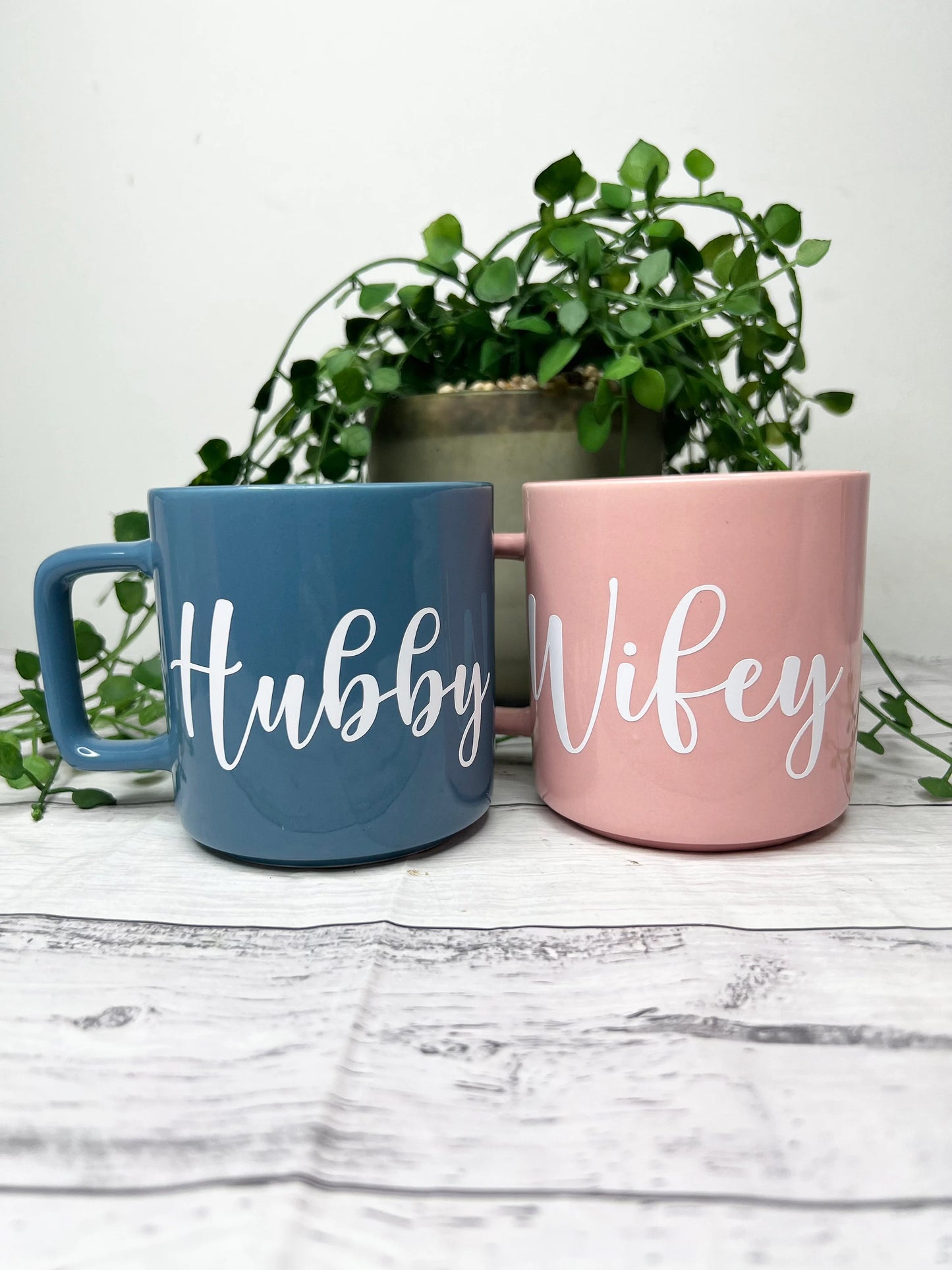 Hubby and wifey Pink and Blue Mugs With white writing Mug set 320ml