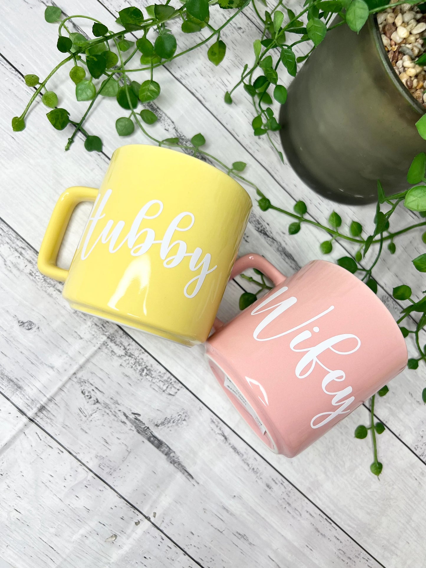 Hubby and wifey Pink and Yellow Mugs With white writing Mug set 320ml