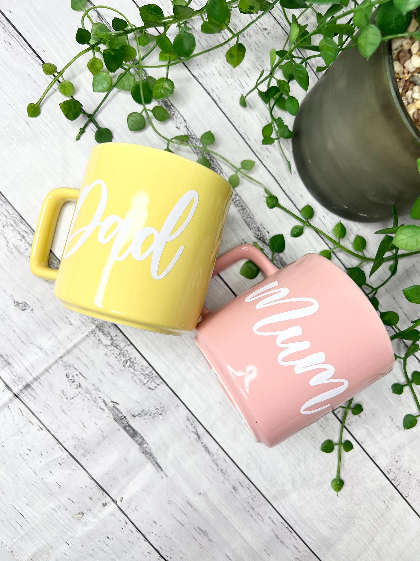 Mum and Dad Pink and Yellow Mugs With white writing Mug set 320ml