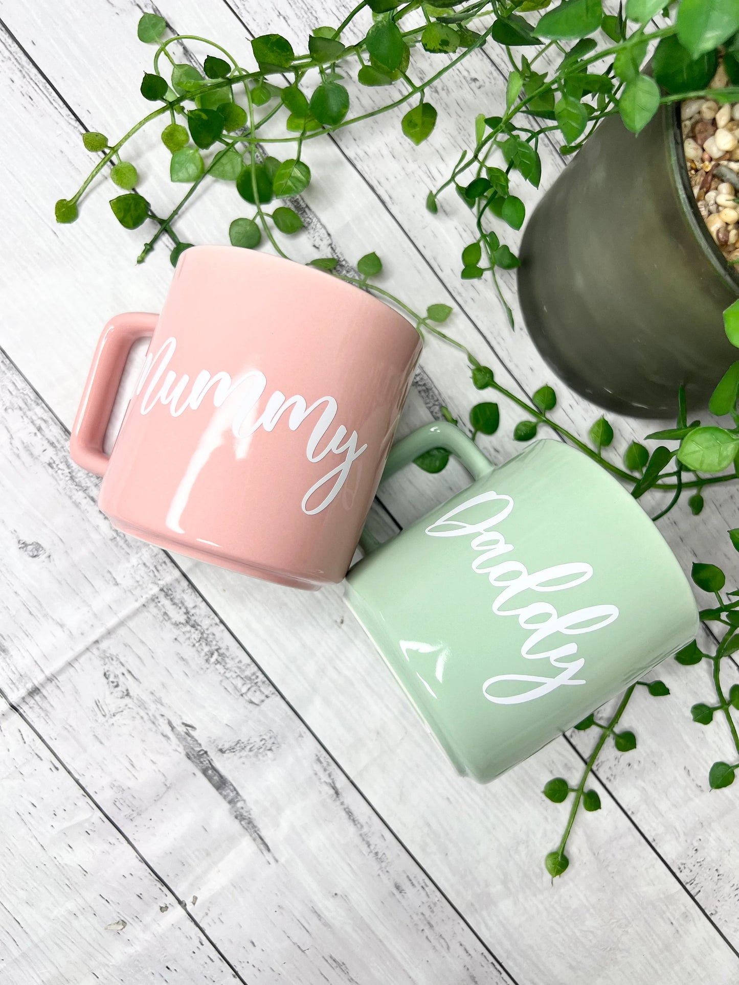Mummy and Daddy Pink and Green Mugs With white writing Mug set 320ml