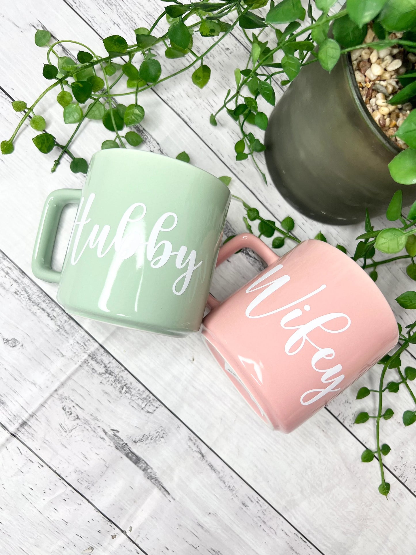 Hubby and Wifey Pink and Green Mugs With white writing Mug set 320ml