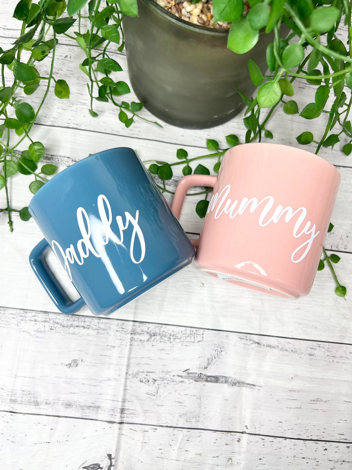Mummy and Daddy  Pink and Blue Mugs With white writing Mug set 320ml