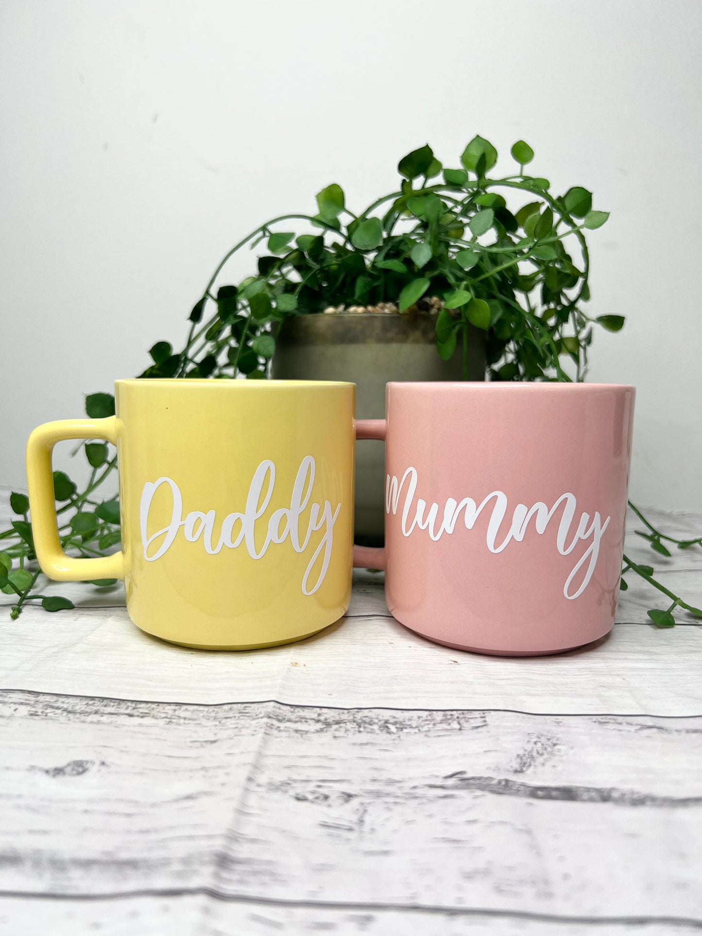 Mummy and daddy Pink and Yellow Mug with White writing Mug set 320ml