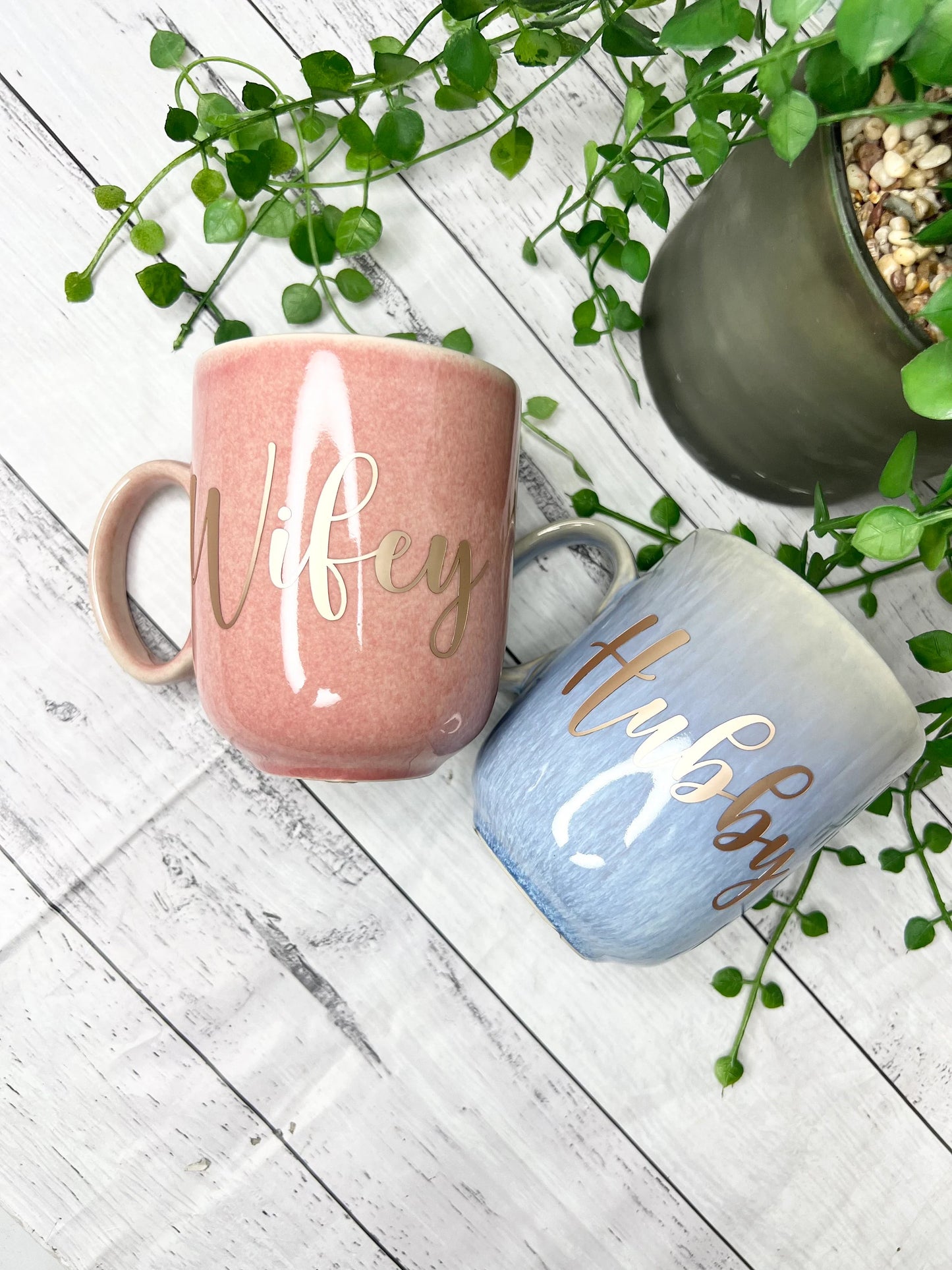 Hubby and Wifey  Pink and Blue Mug with Rose Gold Matte writing Mug set 380ml