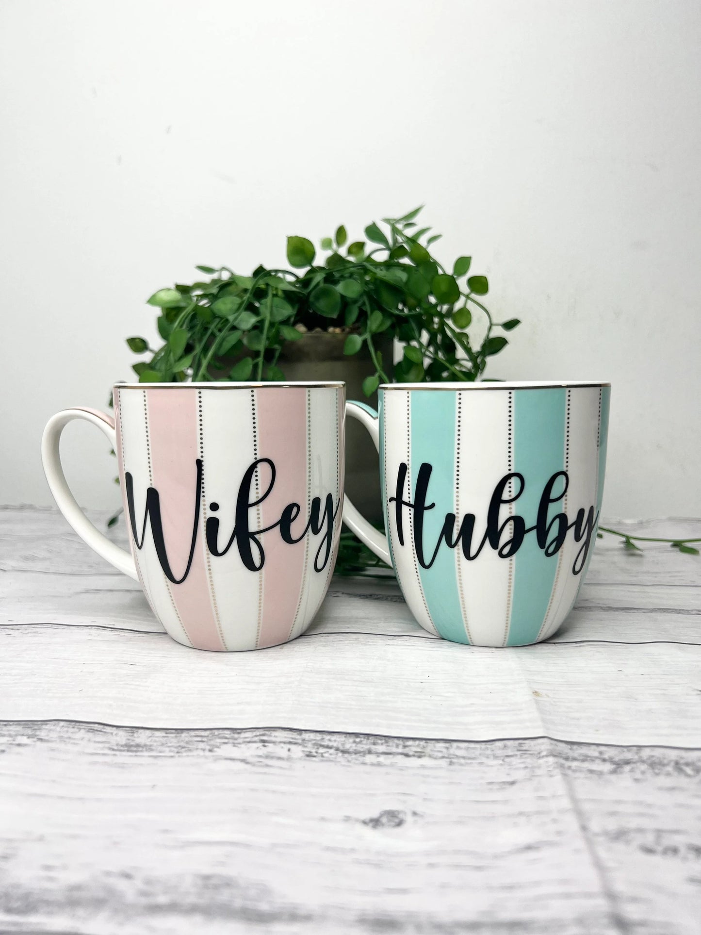 Hubby and wifey stripe mug green and pink couple set with black writing 400ml