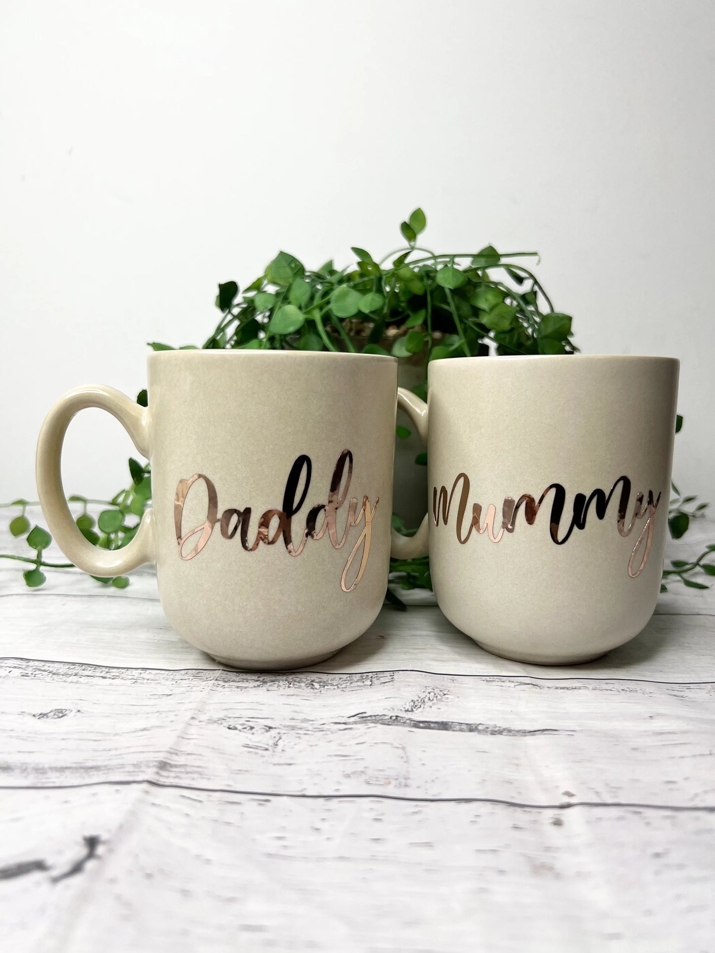 Mummy and Daddy Beige Mug with Rose Gold writing Mug set 380ml